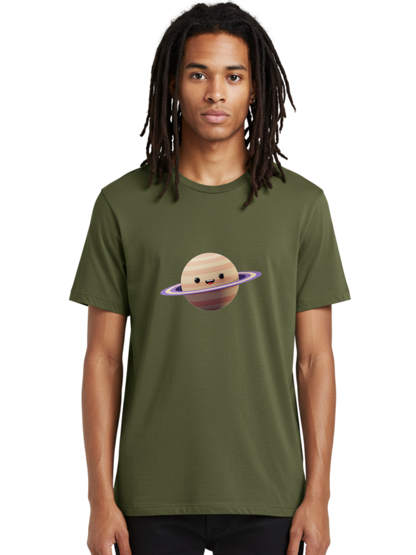 Cartoon-Saturn Men'S Graphic Tee, 100% Cotton, Comfortable Casual Summer Wear, Machine Washable, Cartoon Planet, Smiling Face, Saturn-Like Planet, Cute Illustration, Galaxy Character, Purple Ring, Beige And Brown Stripes, Funny Expression, Bac793 24