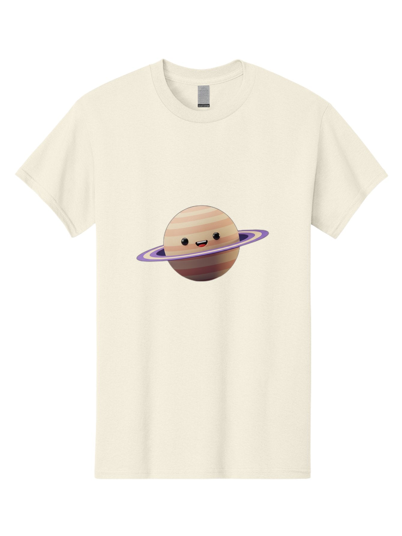 Cartoon-Saturn Men'S Graphic Tee, 100% Cotton, Comfortable Casual Summer Wear, Machine Washable, Cartoon Planet, Smiling Face, Saturn-Like Planet, Cute Illustration, Galaxy Character, Purple Ring, Beige And Brown Stripes, Funny Expression, Bac793 8