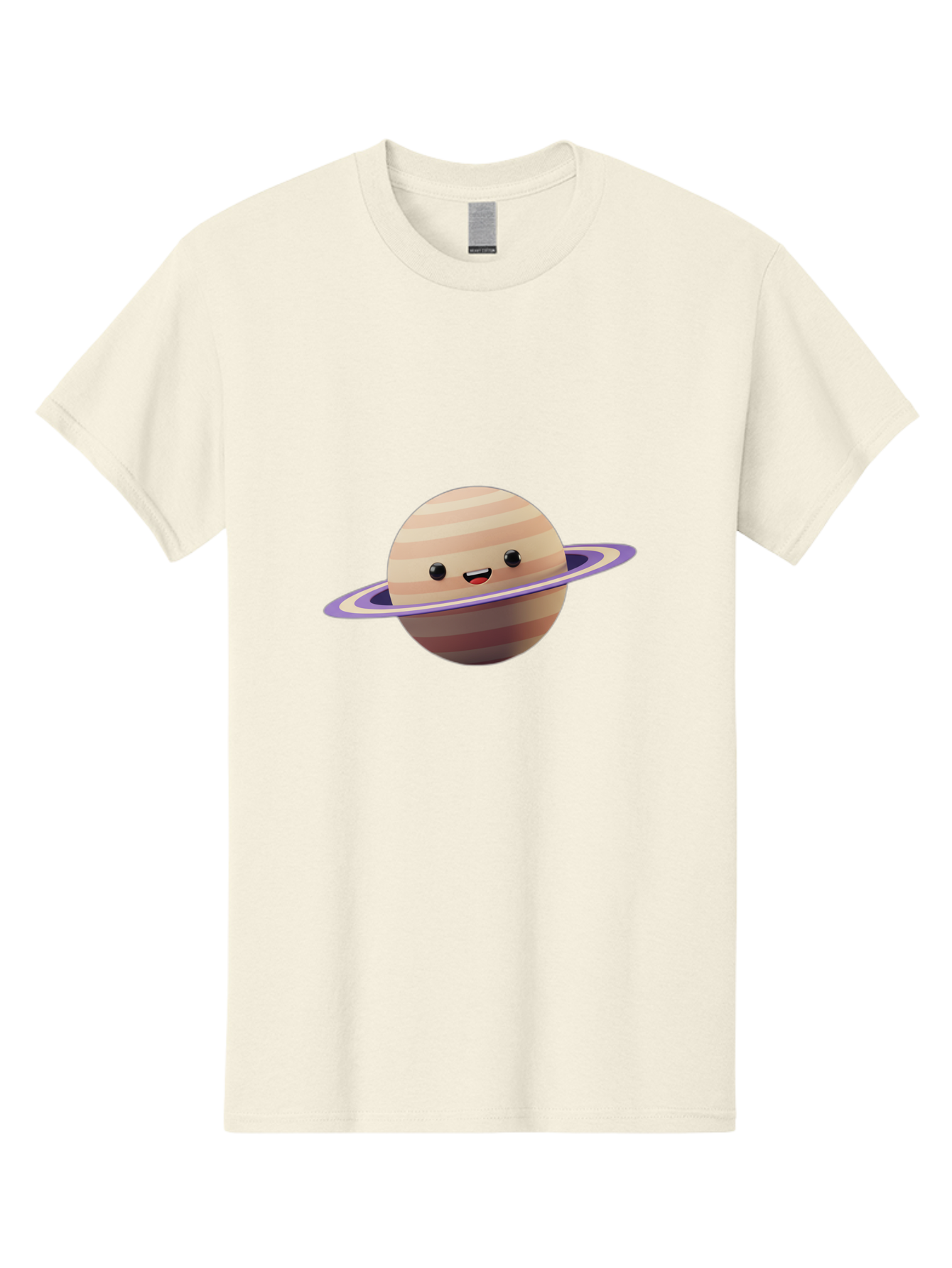 Cartoon-Saturn Men'S Graphic Tee, 100% Cotton, Comfortable Casual Summer Wear, Machine Washable, Cartoon Planet, Smiling Face, Saturn-Like Planet, Cute Illustration, Galaxy Character, Purple Ring, Beige And Brown Stripes, Funny Expression, Bac793 6