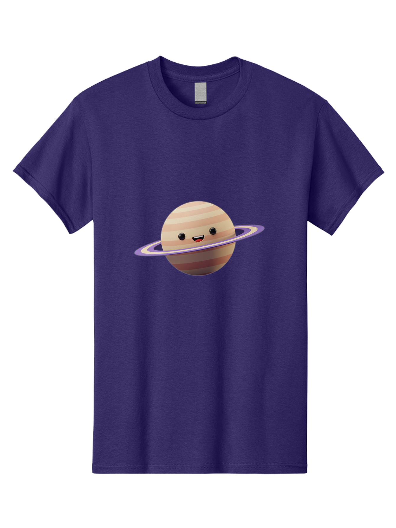 Cartoon-Saturn Men'S Graphic Tee, 100% Cotton, Comfortable Casual Summer Wear, Machine Washable, Cartoon Planet, Smiling Face, Saturn-Like Planet, Cute Illustration, Galaxy Character, Purple Ring, Beige And Brown Stripes, Funny Expression, Bac793