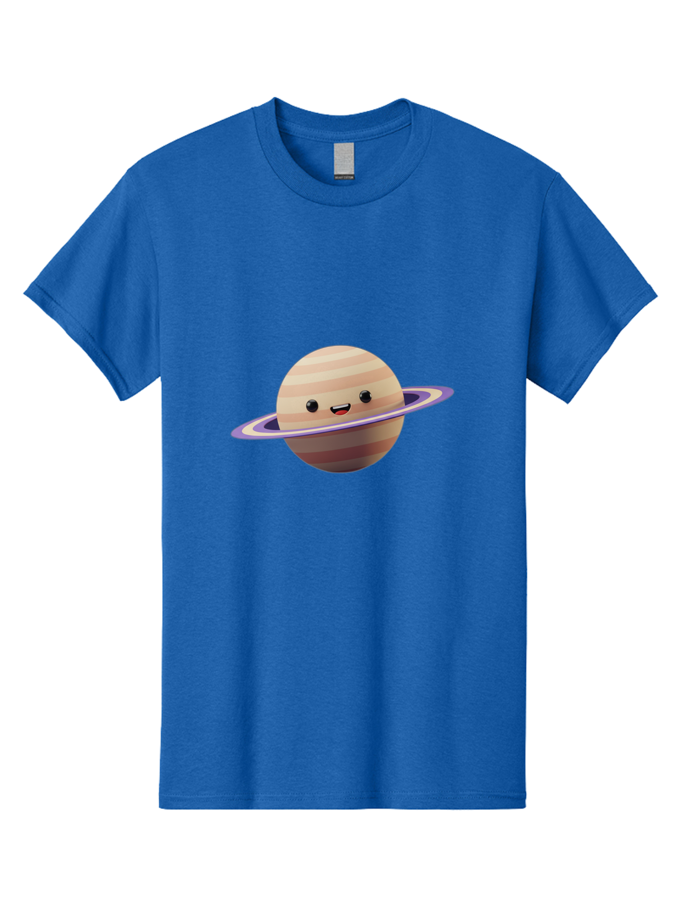 Cartoon-Saturn Men'S Graphic Tee, 100% Cotton, Comfortable Casual Summer Wear, Machine Washable, Cartoon Planet, Smiling Face, Saturn-Like Planet, Cute Illustration, Galaxy Character, Purple Ring, Beige And Brown Stripes, Funny Expression, Bac793