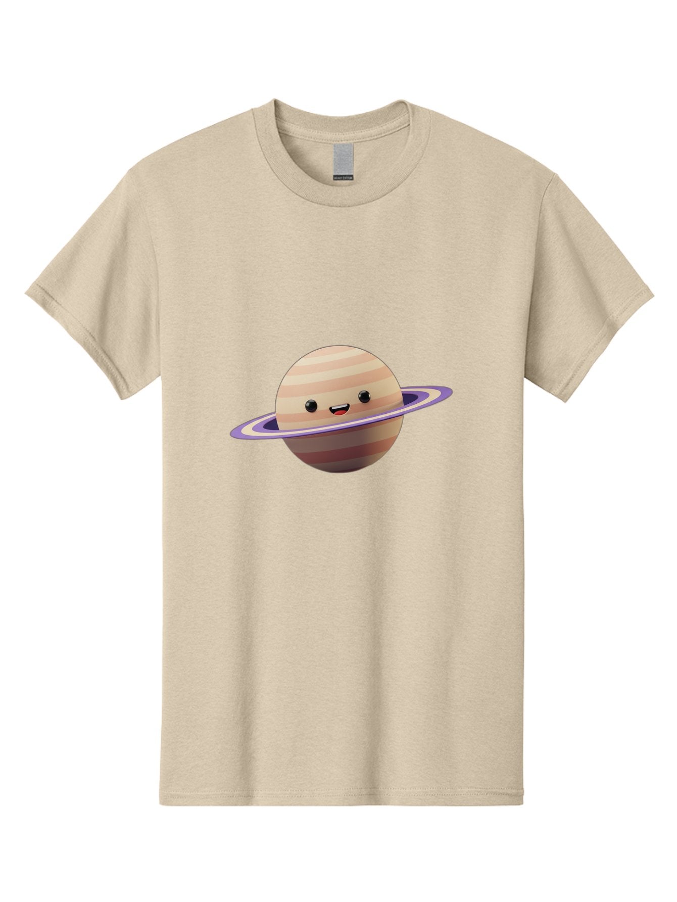 Cartoon-Saturn Men'S Graphic Tee, 100% Cotton, Comfortable Casual Summer Wear, Machine Washable, Cartoon Planet, Smiling Face, Saturn-Like Planet, Cute Illustration, Galaxy Character, Purple Ring, Beige And Brown Stripes, Funny Expression, Bac793 7