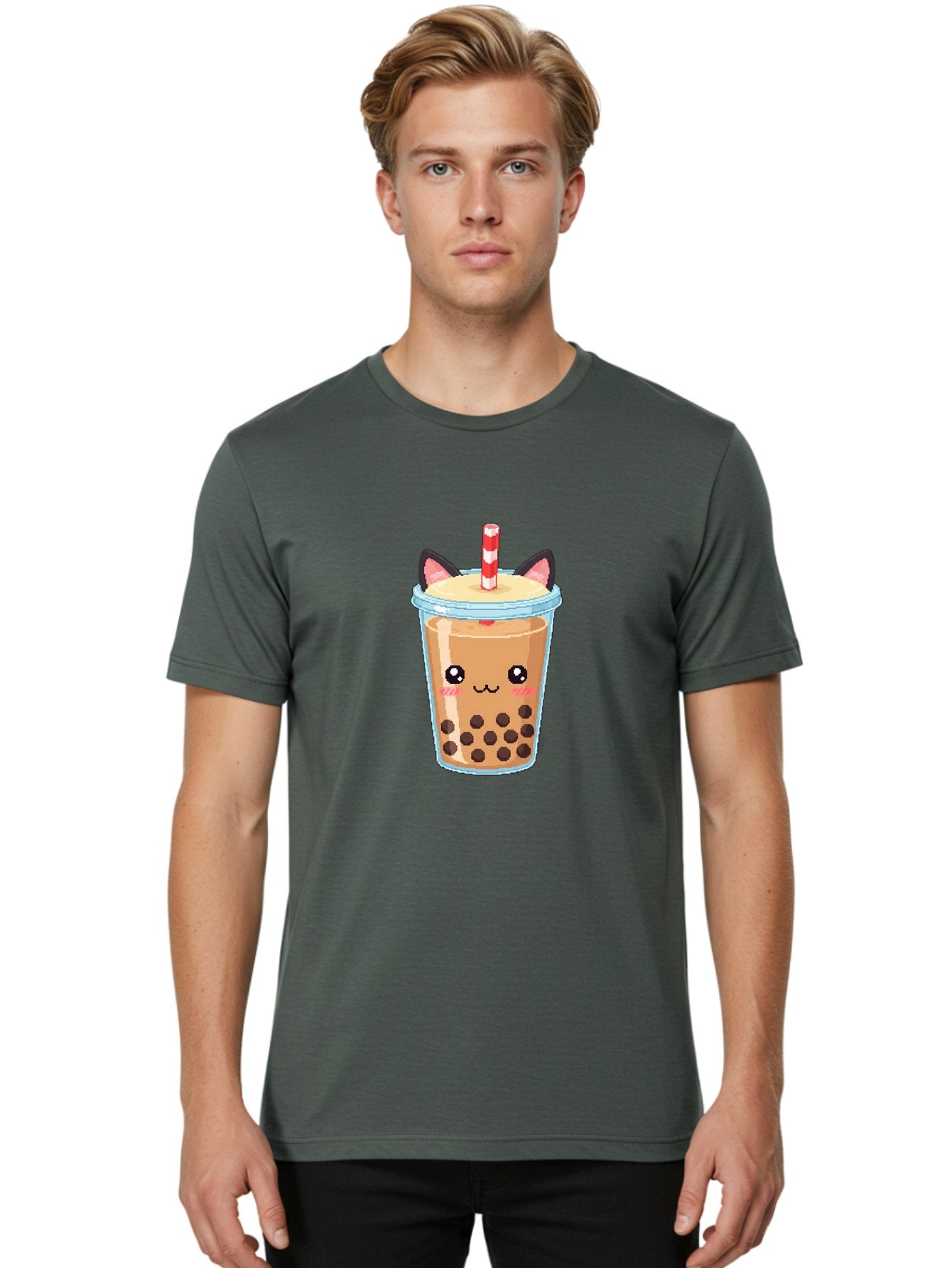 Cat-Bubble-Tea-3 Men'S Graphic Tee, 100% Cotton, Comfortable Casual Summer Wear, Machine Washable, Kawaii Bubble Tea, Cat Face Design, Boba Drink, Cute Illustration, Milk Tea, Cartoon Character, Adorable Beverage Bac797 20