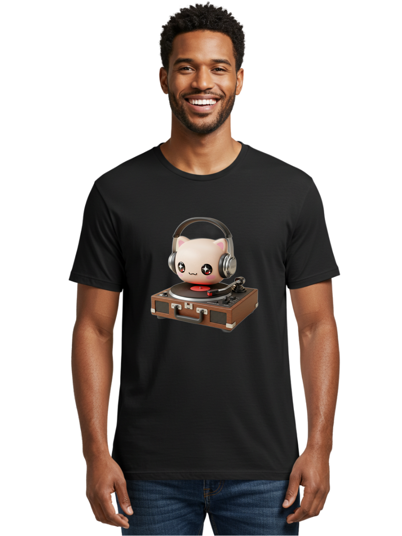 Cat-Headphones-Dj Men'S Graphic Tee, 100% Cotton, Comfortable Casual Summer Wear, Machine Washable, Cute Cat Head, Record Player, Vinyl Record, Headphones, Music Lover, Dj Cat, Retro Style, Nostalgic Vibe, Kawaii Culture, Cartoon Character Bac800 20