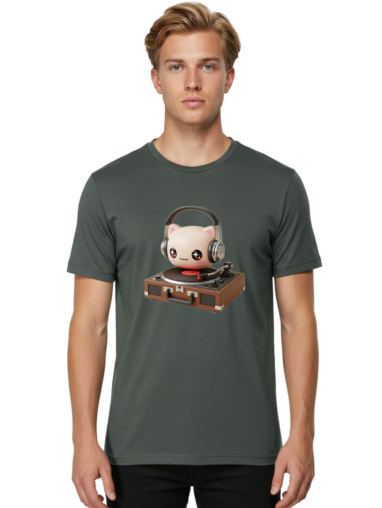 Cat-Headphones-Dj Men'S Graphic Tee, 100% Cotton, Comfortable Casual Summer Wear, Machine Washable, Cute Cat Head, Record Player, Vinyl Record, Headphones, Music Lover, Dj Cat, Retro Style, Nostalgic Vibe, Kawaii Culture, Cartoon Character Bac800 28