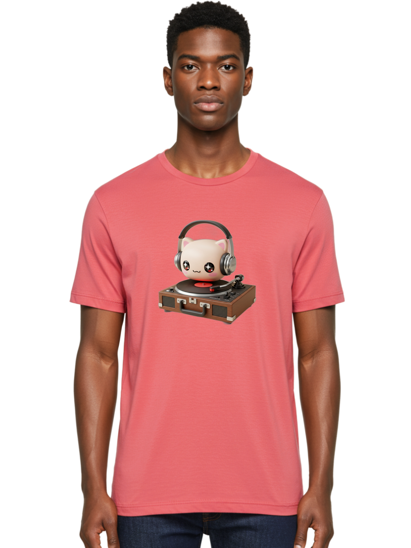 Cat-Headphones-Dj Men'S Graphic Tee, 100% Cotton, Comfortable Casual Summer Wear, Machine Washable, Cute Cat Head, Record Player, Vinyl Record, Headphones, Music Lover, Dj Cat, Retro Style, Nostalgic Vibe, Kawaii Culture, Cartoon Character Bac800 24