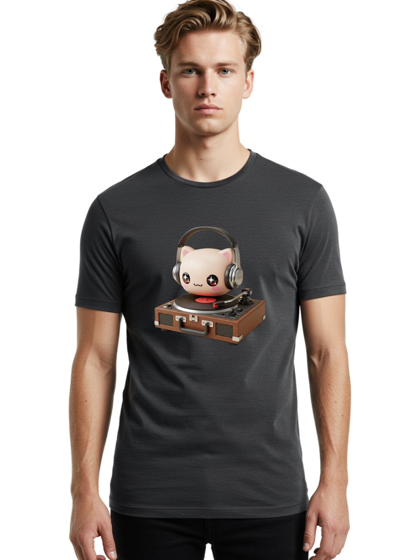 Cat-Headphones-Dj Men'S Graphic Tee, 100% Cotton, Comfortable Casual Summer Wear, Machine Washable, Cute Cat Head, Record Player, Vinyl Record, Headphones, Music Lover, Dj Cat, Retro Style, Nostalgic Vibe, Kawaii Culture, Cartoon Character Bac800 29
