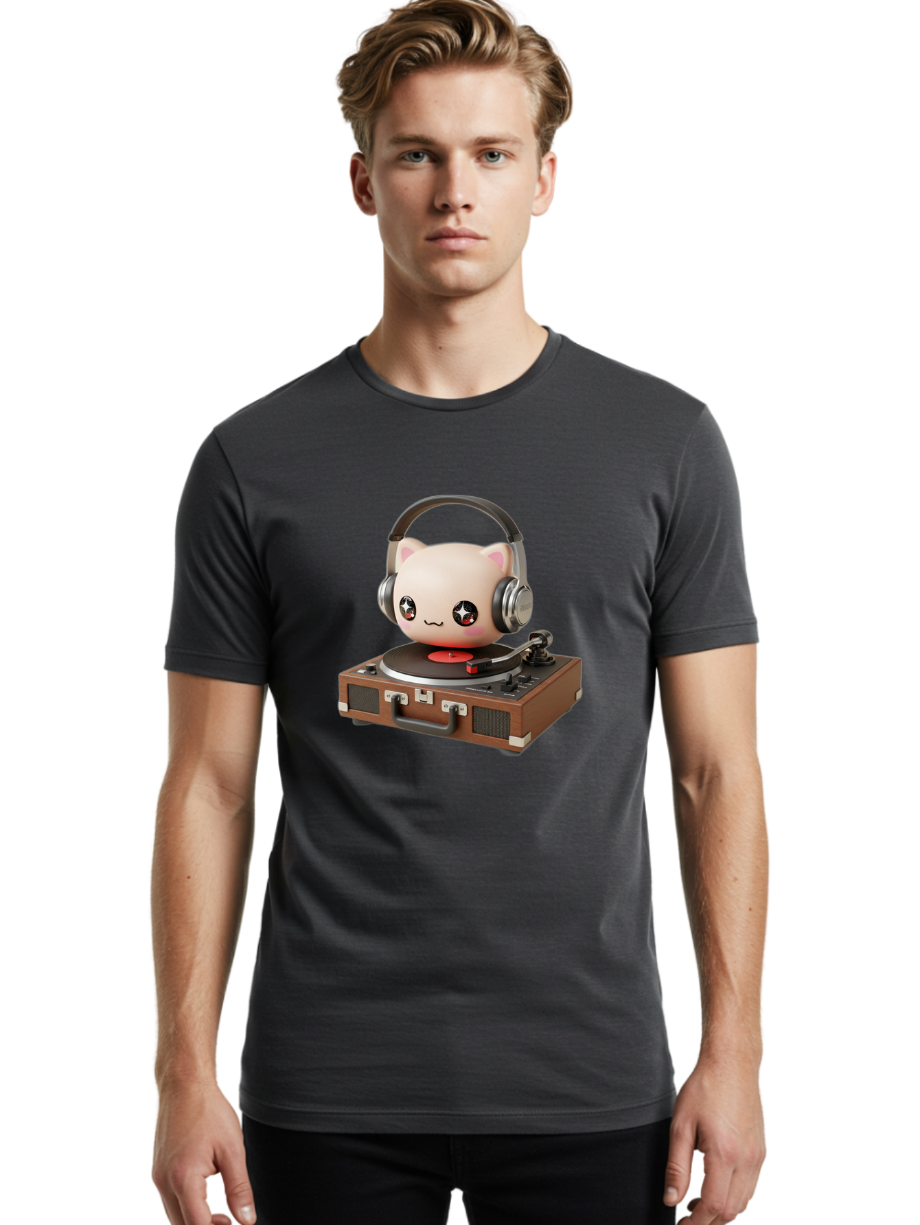 Cat-Headphones-Dj Men'S Graphic Tee, 100% Cotton, Comfortable Casual Summer Wear, Machine Washable, Cute Cat Head, Record Player, Vinyl Record, Headphones, Music Lover, Dj Cat, Retro Style, Nostalgic Vibe, Kawaii Culture, Cartoon Character Bac800 17