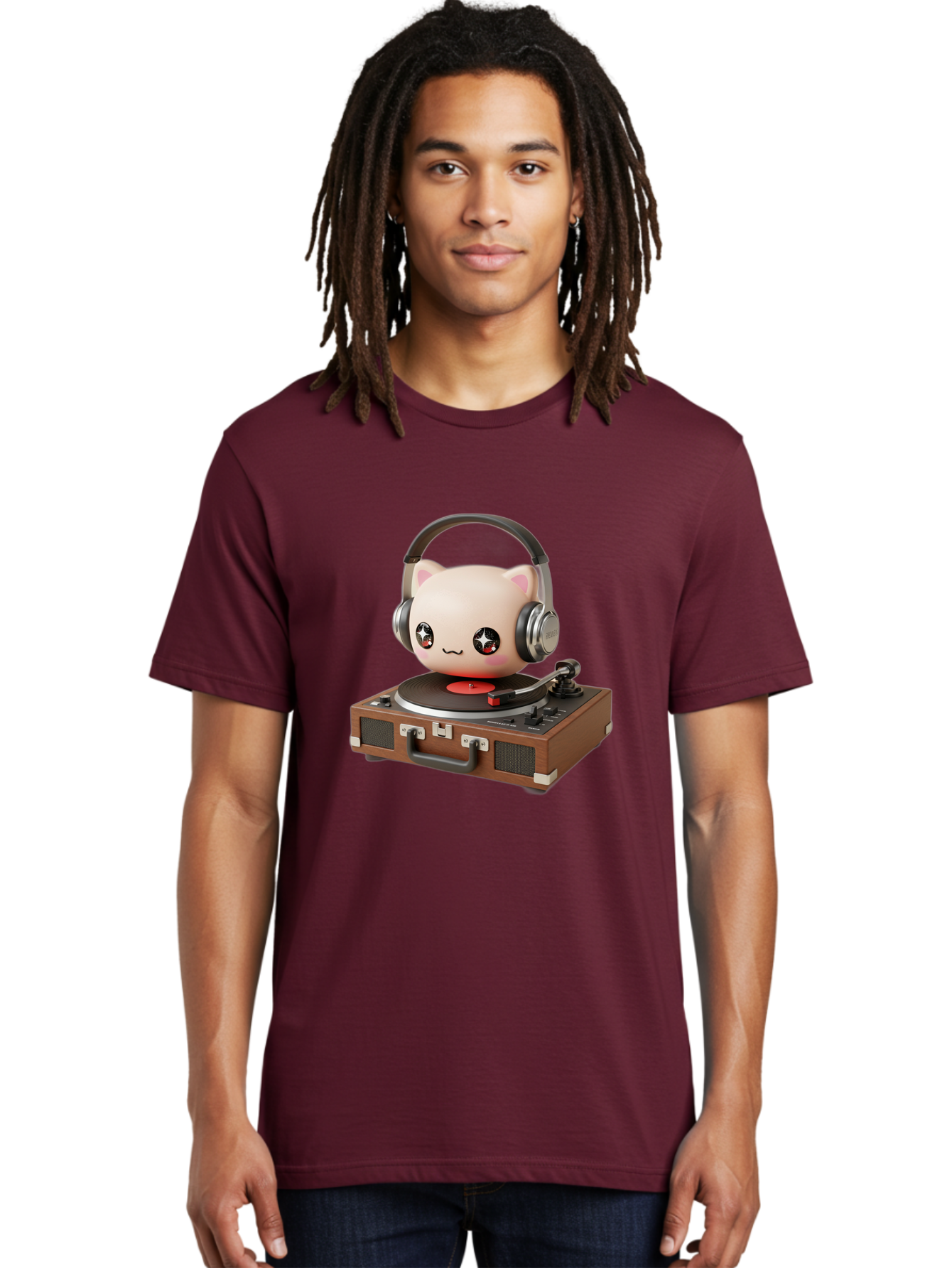Cat-Headphones-Dj Men'S Graphic Tee, 100% Cotton, Comfortable Casual Summer Wear, Machine Washable, Cute Cat Head, Record Player, Vinyl Record, Headphones, Music Lover, Dj Cat, Retro Style, Nostalgic Vibe, Kawaii Culture, Cartoon Character Bac800 16