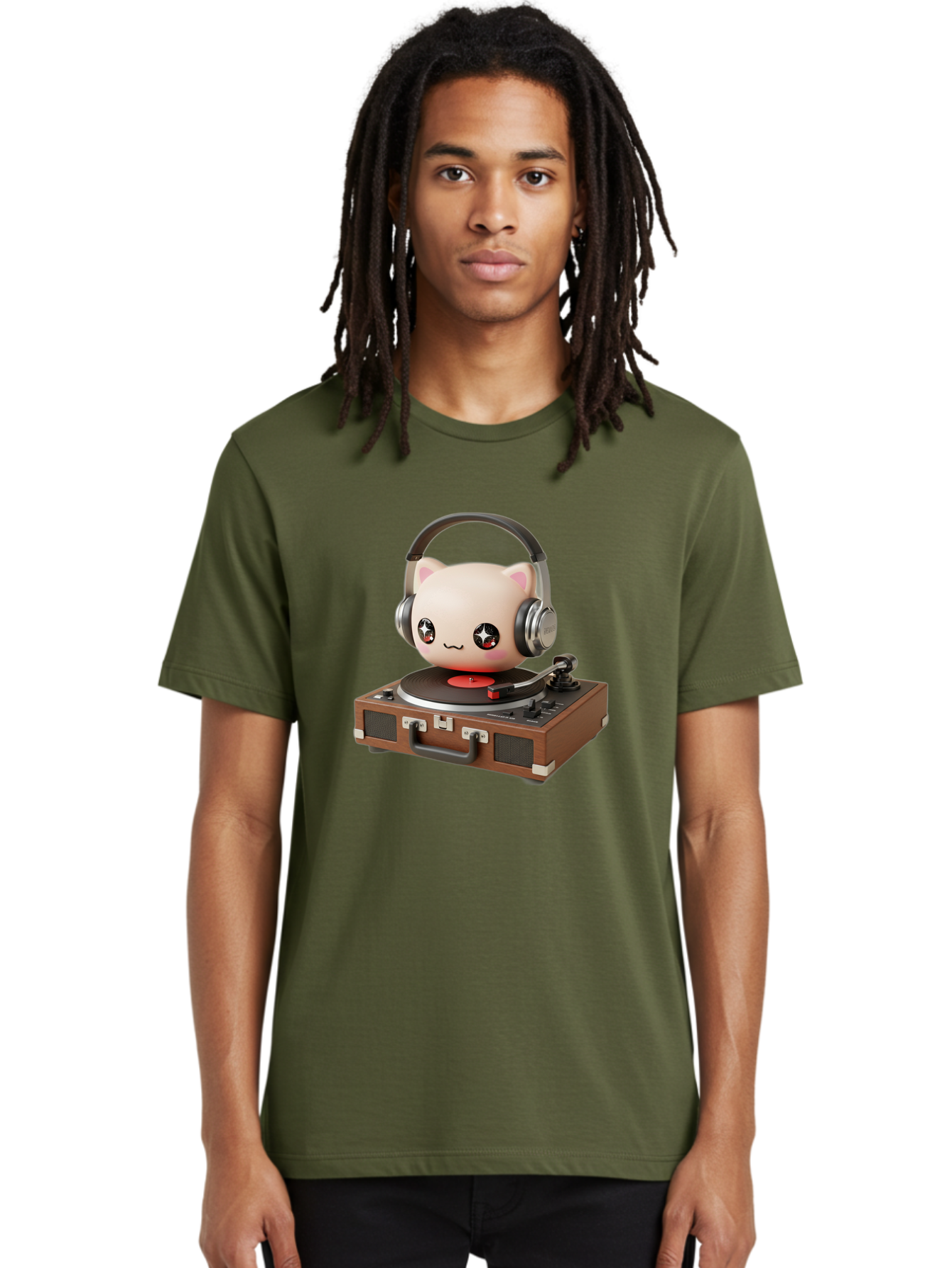 Cat-Headphones-Dj Men'S Graphic Tee, 100% Cotton, Comfortable Casual Summer Wear, Machine Washable, Cute Cat Head, Record Player, Vinyl Record, Headphones, Music Lover, Dj Cat, Retro Style, Nostalgic Vibe, Kawaii Culture, Cartoon Character Bac800 23