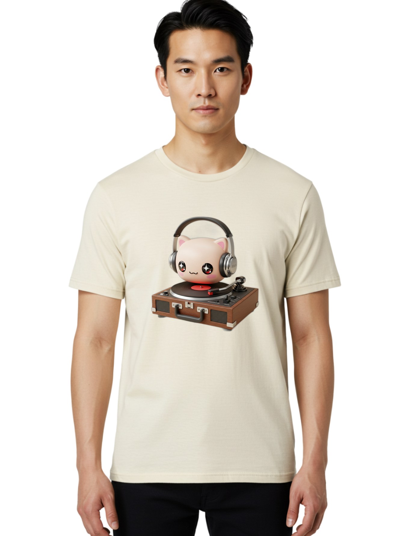Cat-Headphones-Dj Men'S Graphic Tee, 100% Cotton, Comfortable Casual Summer Wear, Machine Washable, Cute Cat Head, Record Player, Vinyl Record, Headphones, Music Lover, Dj Cat, Retro Style, Nostalgic Vibe, Kawaii Culture, Cartoon Character Bac800 29