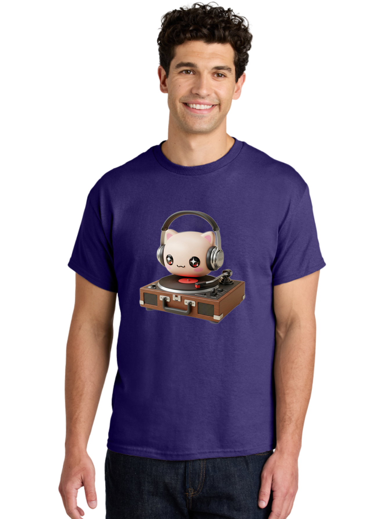 Cat-Headphones-Dj Men'S Graphic Tee, 100% Cotton, Comfortable Casual Summer Wear, Machine Washable, Cute Cat Head, Record Player, Vinyl Record, Headphones, Music Lover, Dj Cat, Retro Style, Nostalgic Vibe, Kawaii Culture, Cartoon Character Bac800 21