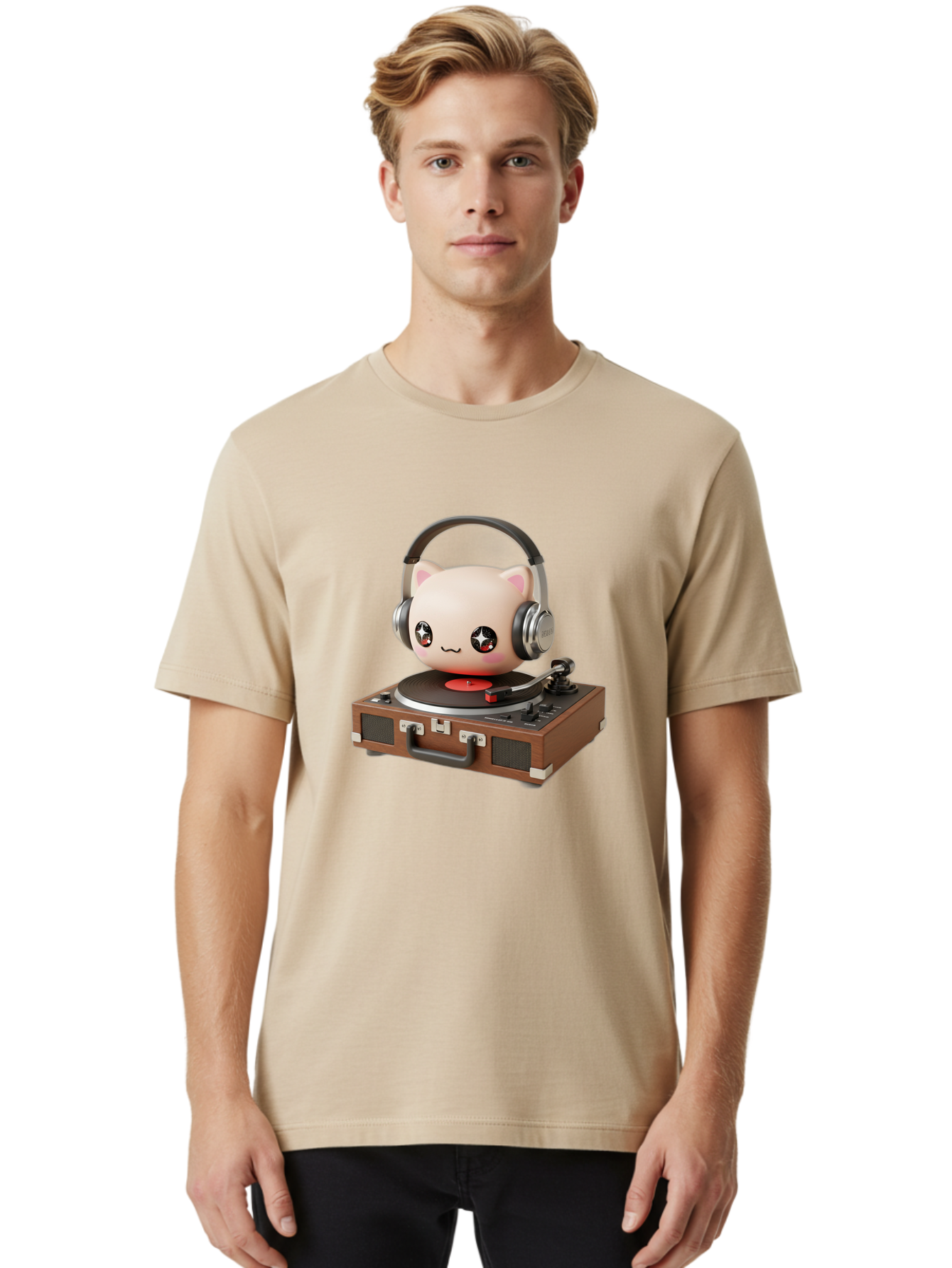 Cat-Headphones-Dj Men'S Graphic Tee, 100% Cotton, Comfortable Casual Summer Wear, Machine Washable, Cute Cat Head, Record Player, Vinyl Record, Headphones, Music Lover, Dj Cat, Retro Style, Nostalgic Vibe, Kawaii Culture, Cartoon Character Bac800 27
