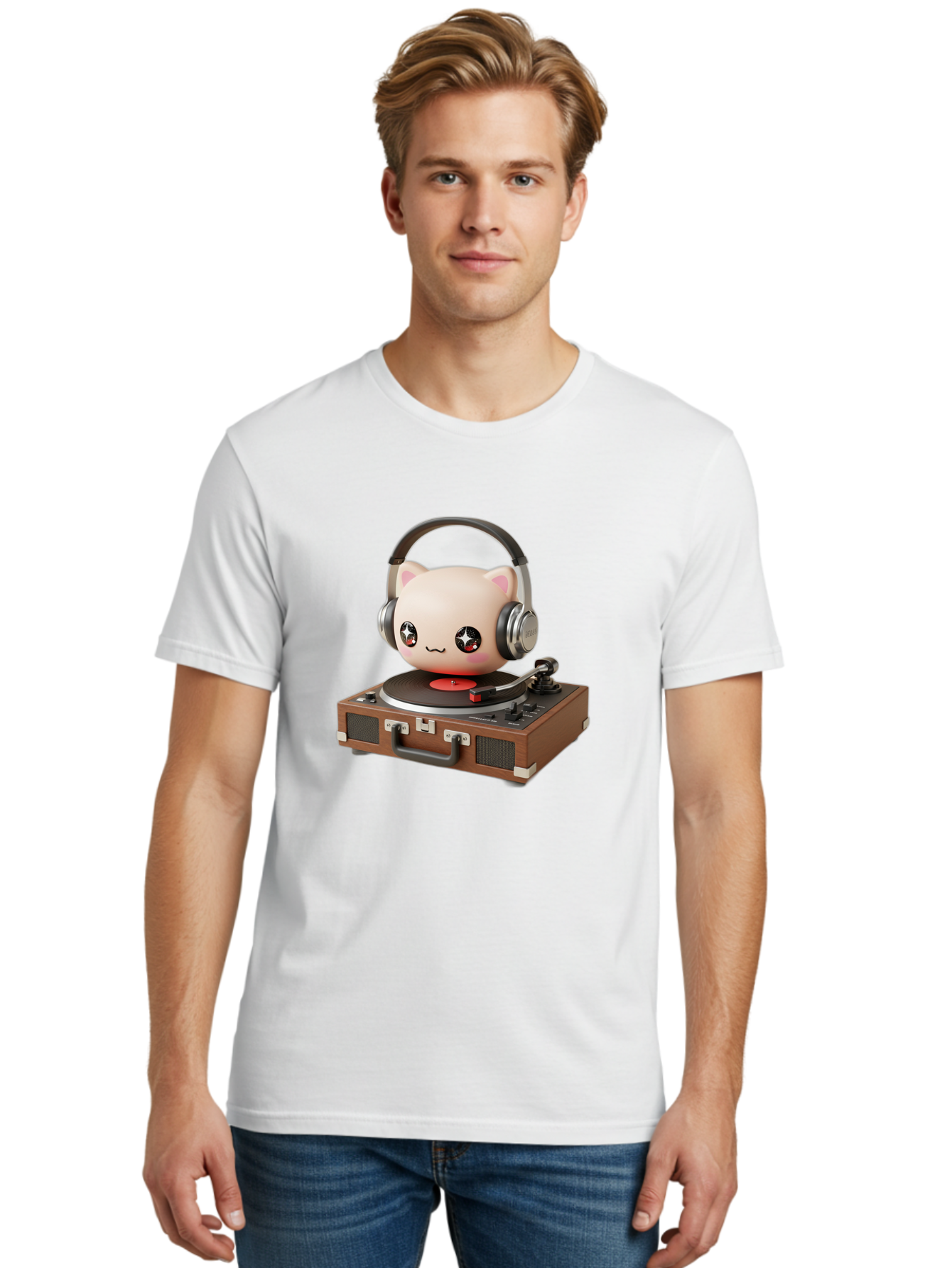 Cat-Headphones-Dj Men'S Graphic Tee, 100% Cotton, Comfortable Casual Summer Wear, Machine Washable, Cute Cat Head, Record Player, Vinyl Record, Headphones, Music Lover, Dj Cat, Retro Style, Nostalgic Vibe, Kawaii Culture, Cartoon Character Bac800 26
