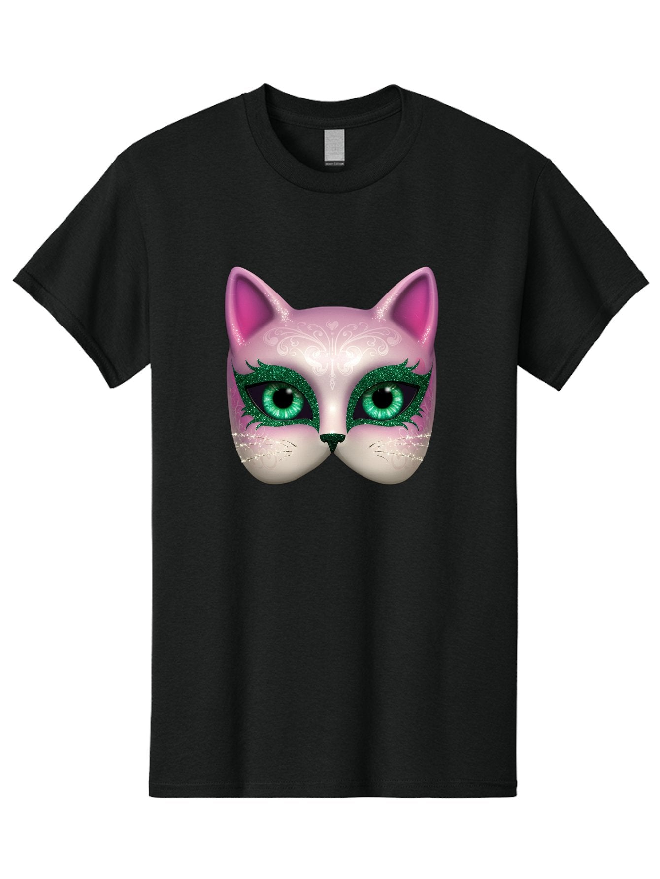 Cat-Mask Men'S Graphic Tee, 100% Cotton, Comfortable Casual Summer Wear, Machine Washable, Pink Cat Face, Gemstone Eyes, Green Mascara, Floral Design, Pretty Kitty, Cute Cat Illustration, Glamorous Cat Eyes, Festive Cat Mask, Creative Cat Art, Bac801 8
