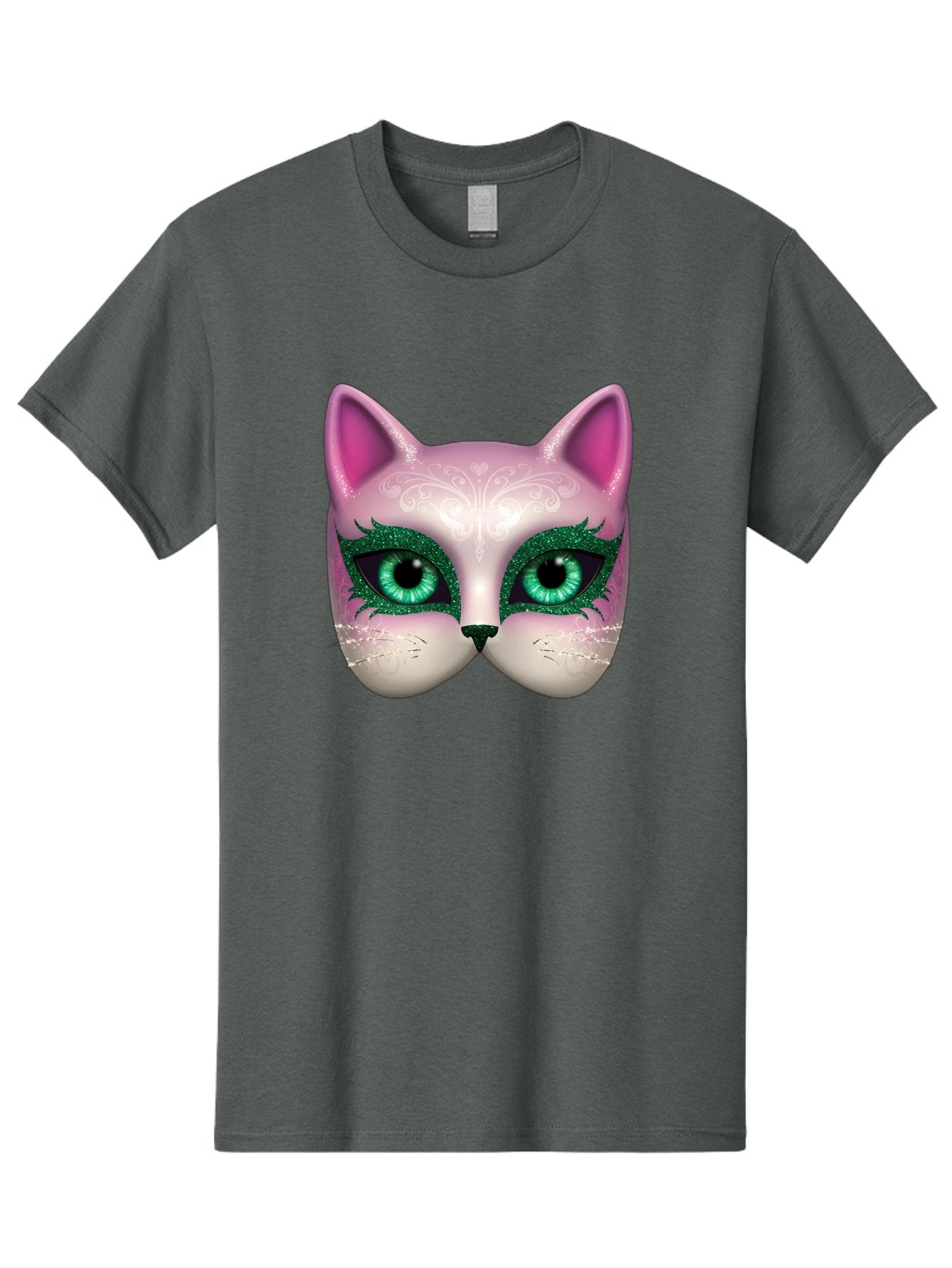 Cat-Mask Men'S Graphic Tee, 100% Cotton, Comfortable Casual Summer Wear, Machine Washable, Pink Cat Face, Gemstone Eyes, Green Mascara, Floral Design, Pretty Kitty, Cute Cat Illustration, Glamorous Cat Eyes, Festive Cat Mask, Creative Cat Art, Bac801 7