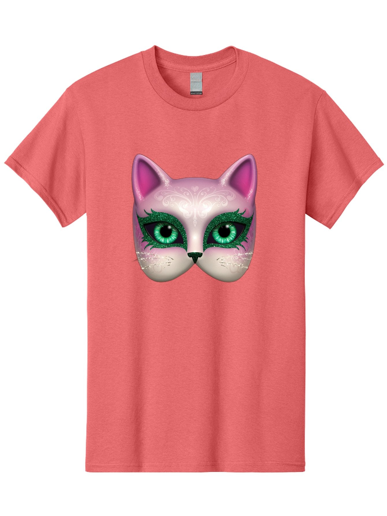 Cat-Mask Men'S Graphic Tee, 100% Cotton, Comfortable Casual Summer Wear, Machine Washable, Pink Cat Face, Gemstone Eyes, Green Mascara, Floral Design, Pretty Kitty, Cute Cat Illustration, Glamorous Cat Eyes, Festive Cat Mask, Creative Cat Art, Bac801 11