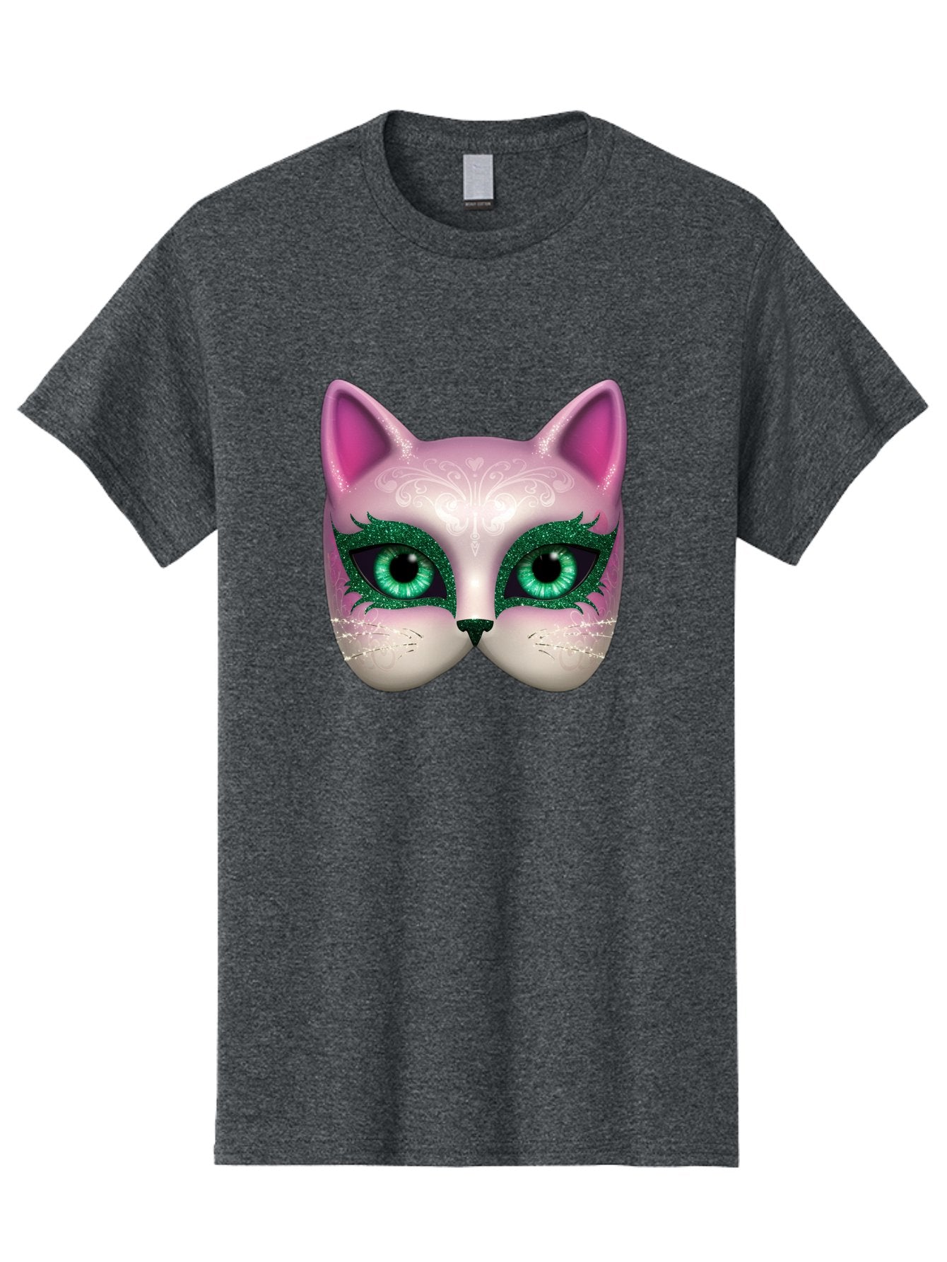 Cat-Mask Men'S Graphic Tee, 100% Cotton, Comfortable Casual Summer Wear, Machine Washable, Pink Cat Face, Gemstone Eyes, Green Mascara, Floral Design, Pretty Kitty, Cute Cat Illustration, Glamorous Cat Eyes, Festive Cat Mask, Creative Cat Art, Bac801 10