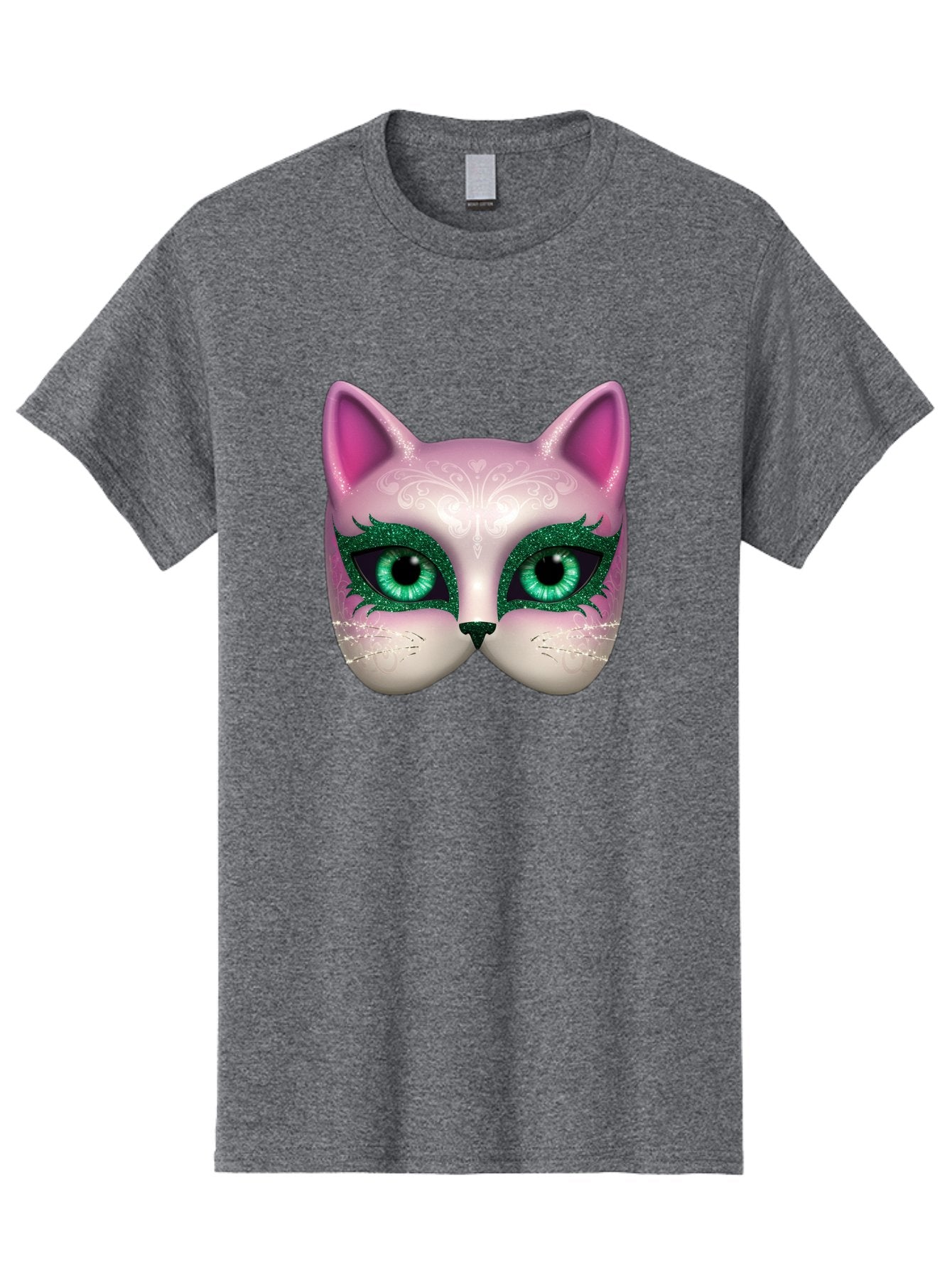 Cat-Mask Men'S Graphic Tee, 100% Cotton, Comfortable Casual Summer Wear, Machine Washable, Pink Cat Face, Gemstone Eyes, Green Mascara, Floral Design, Pretty Kitty, Cute Cat Illustration, Glamorous Cat Eyes, Festive Cat Mask, Creative Cat Art, Bac801 9