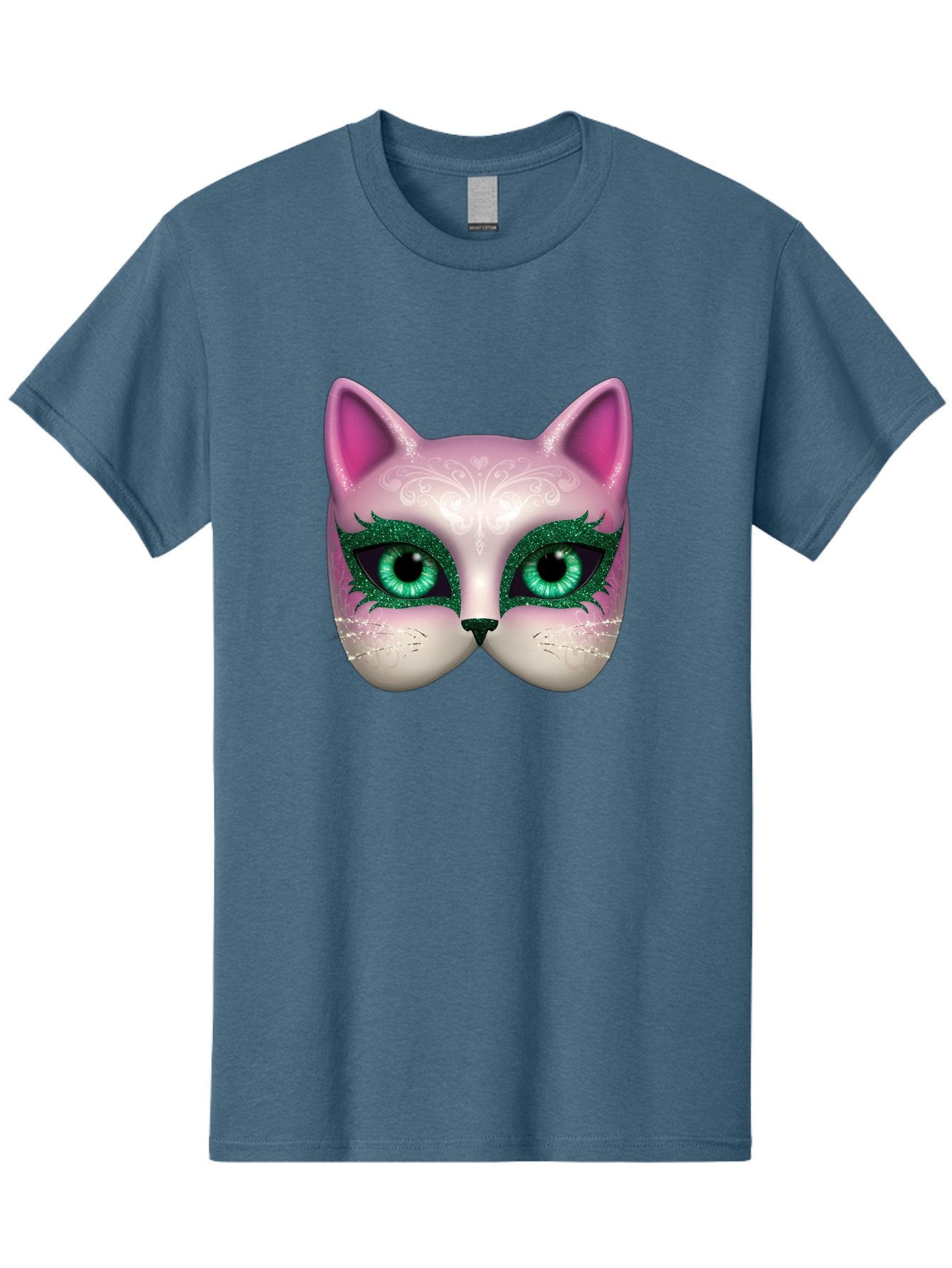 Cat-Mask Men'S Graphic Tee, 100% Cotton, Comfortable Casual Summer Wear, Machine Washable, Pink Cat Face, Gemstone Eyes, Green Mascara, Floral Design, Pretty Kitty, Cute Cat Illustration, Glamorous Cat Eyes, Festive Cat Mask, Creative Cat Art, Bac801 5