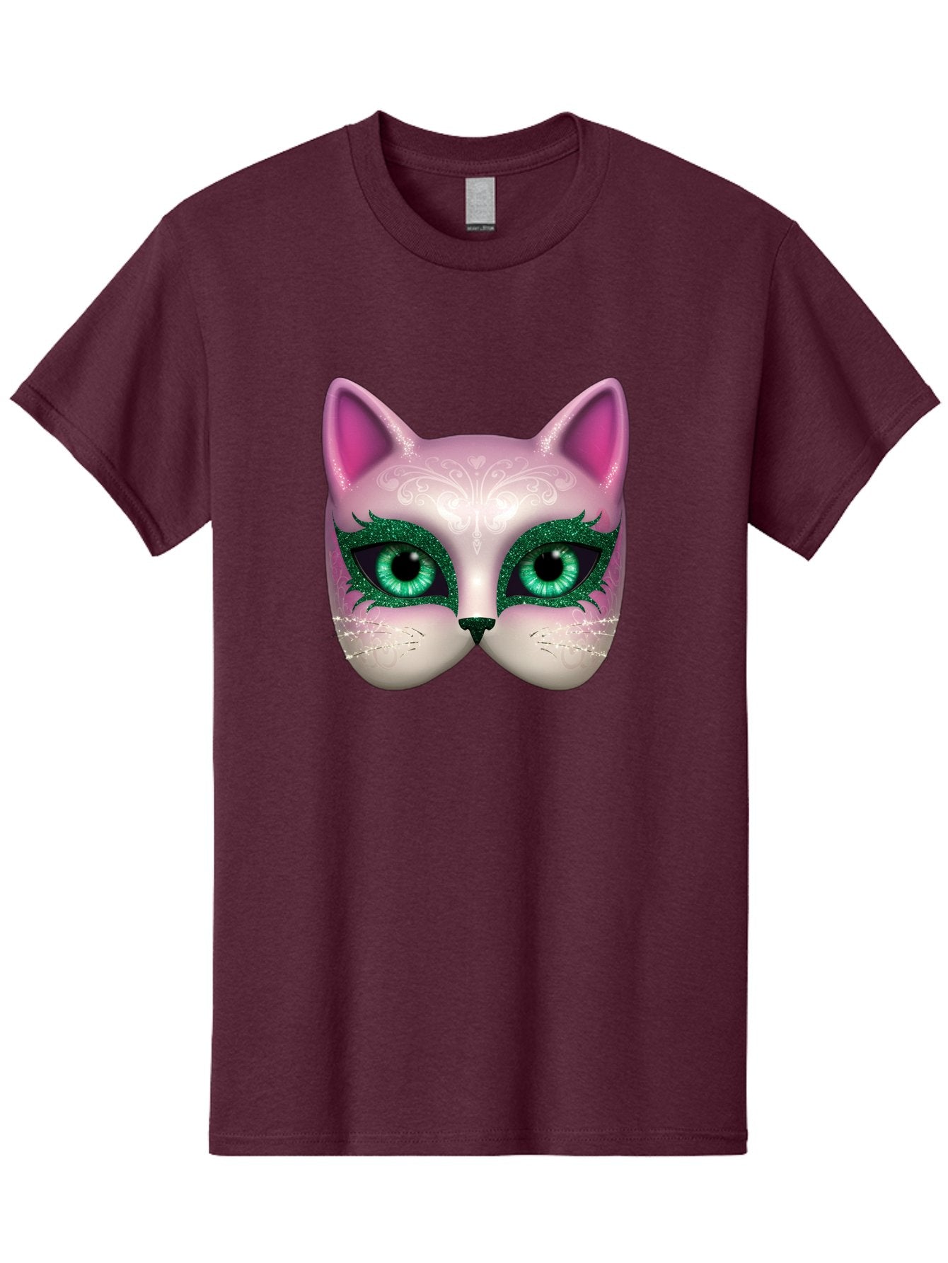 Cat-Mask Men'S Graphic Tee, 100% Cotton, Comfortable Casual Summer Wear, Machine Washable, Pink Cat Face, Gemstone Eyes, Green Mascara, Floral Design, Pretty Kitty, Cute Cat Illustration, Glamorous Cat Eyes, Festive Cat Mask, Creative Cat Art, Bac801 13