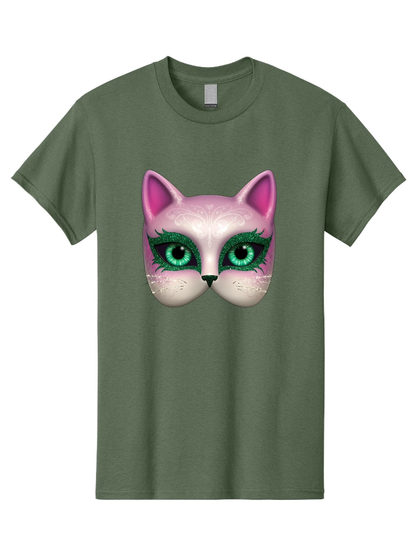 Cat-Mask Men'S Graphic Tee, 100% Cotton, Comfortable Casual Summer Wear, Machine Washable, Pink Cat Face, Gemstone Eyes, Green Mascara, Floral Design, Pretty Kitty, Cute Cat Illustration, Glamorous Cat Eyes, Festive Cat Mask, Creative Cat Art, Bac801 12