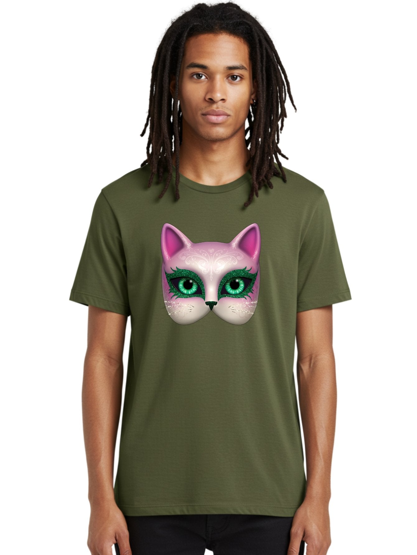 Cat-Mask Men'S Graphic Tee, 100% Cotton, Comfortable Casual Summer Wear, Machine Washable, Pink Cat Face, Gemstone Eyes, Green Mascara, Floral Design, Pretty Kitty, Cute Cat Illustration, Glamorous Cat Eyes, Festive Cat Mask, Creative Cat Art, Bac801 28