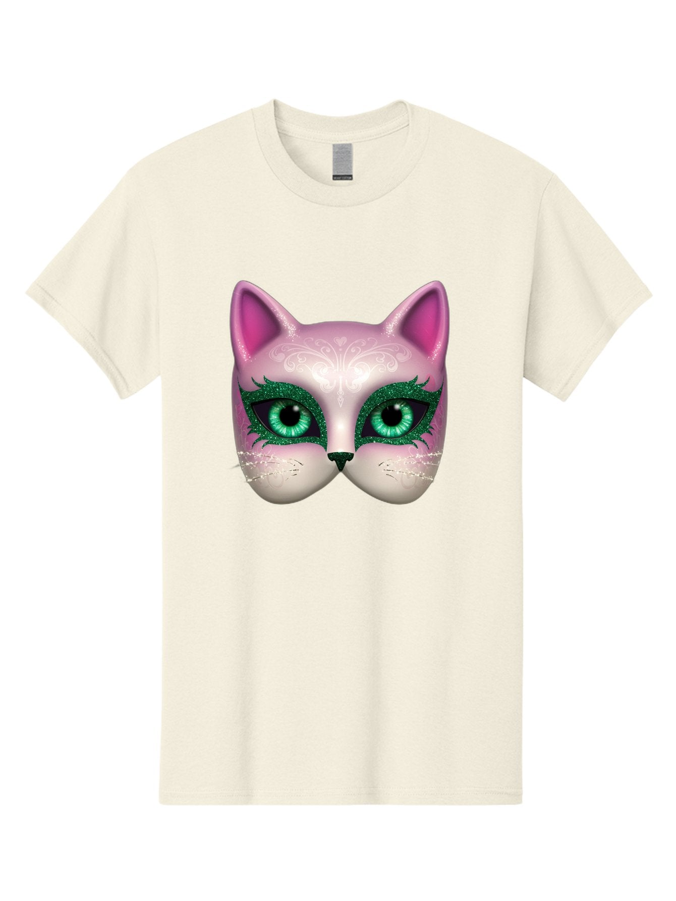 Cat-Mask Men'S Graphic Tee, 100% Cotton, Comfortable Casual Summer Wear, Machine Washable, Pink Cat Face, Gemstone Eyes, Green Mascara, Floral Design, Pretty Kitty, Cute Cat Illustration, Glamorous Cat Eyes, Festive Cat Mask, Creative Cat Art, Bac801
