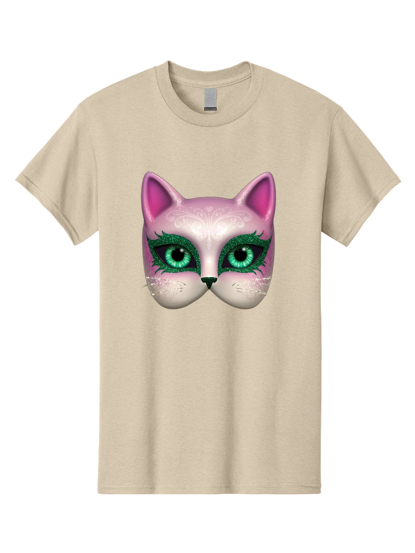 Cat-Mask Men'S Graphic Tee, 100% Cotton, Comfortable Casual Summer Wear, Machine Washable, Pink Cat Face, Gemstone Eyes, Green Mascara, Floral Design, Pretty Kitty, Cute Cat Illustration, Glamorous Cat Eyes, Festive Cat Mask, Creative Cat Art, Bac801 4