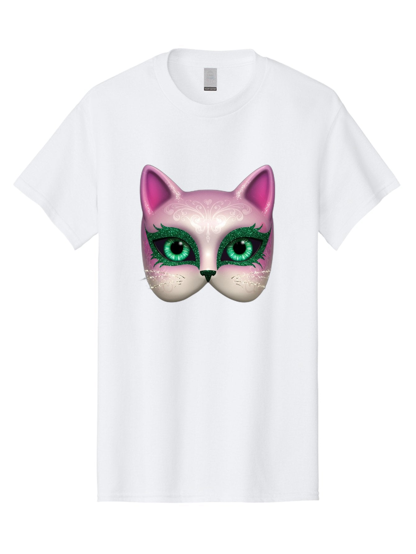 Cat-Mask Men'S Graphic Tee, 100% Cotton, Comfortable Casual Summer Wear, Machine Washable, Pink Cat Face, Gemstone Eyes, Green Mascara, Floral Design, Pretty Kitty, Cute Cat Illustration, Glamorous Cat Eyes, Festive Cat Mask, Creative Cat Art, Bac801 15