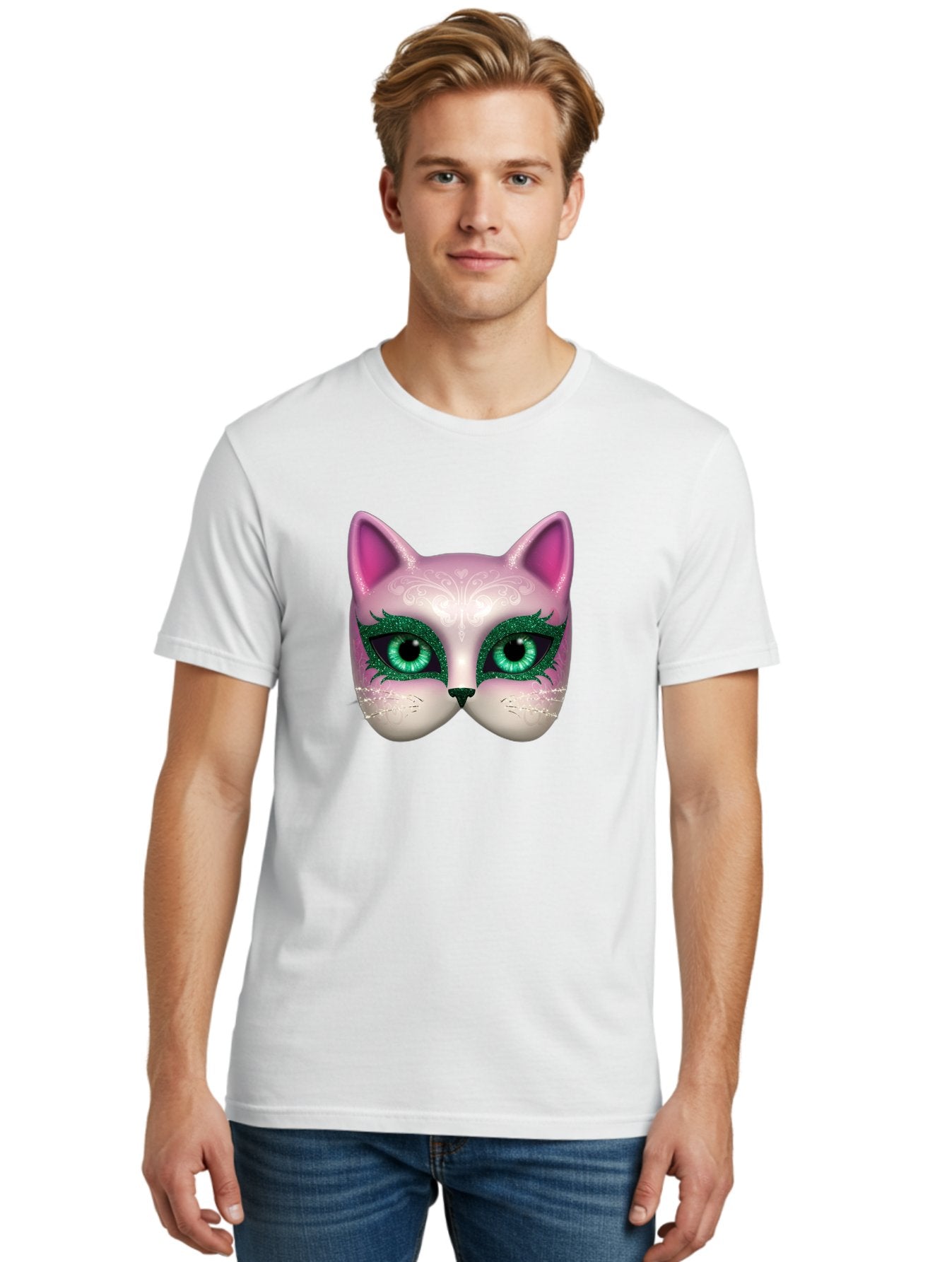 Cat-Mask Men'S Graphic Tee, 100% Cotton, Comfortable Casual Summer Wear, Machine Washable, Pink Cat Face, Gemstone Eyes, Green Mascara, Floral Design, Pretty Kitty, Cute Cat Illustration, Glamorous Cat Eyes, Festive Cat Mask, Creative Cat Art, Bac801 30