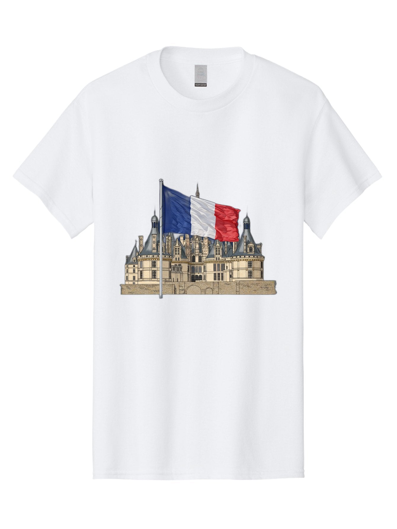 Chateau-De-Chambord Men'S Graphic Tee, 100% Cotton, Comfortable Casual Summer Wear, Machine Washable, French Flag Waving, Historic Chateau, European Architecture, French Heritage, National Pride, Cultural Significance, France Tourism Bac802