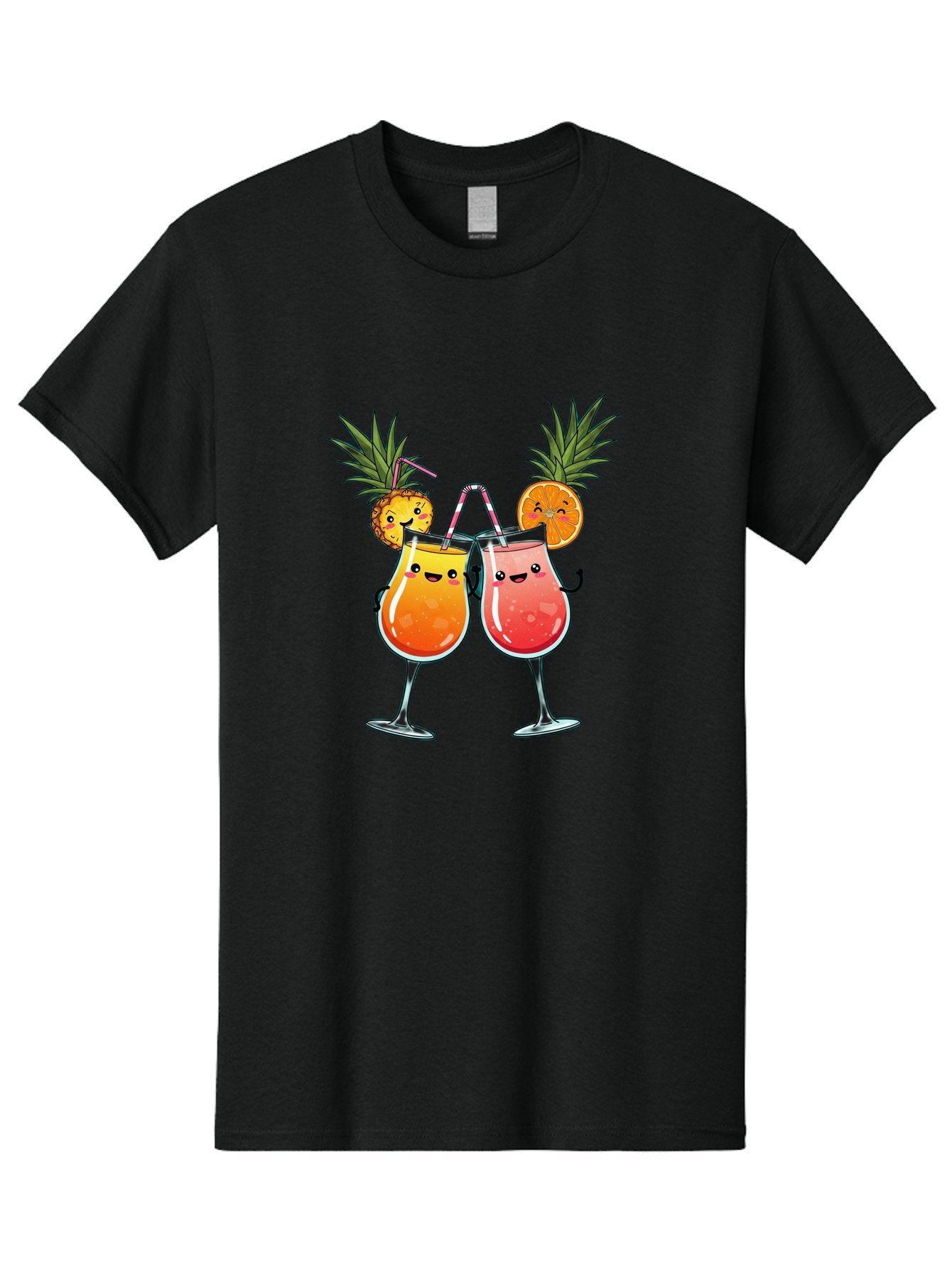 Cheers-Drinks Men'S Graphic Tee, 100% Cotton, Comfortable Casual Summer Wear, Machine Washable, Cartoon Cocktails, Fruity Drinks, Orange And Pink Colors, Pineapple Garnish, Smiling Glasses, Cheerful Toast, Fun Illustration, Tropical Vibe, Bac803