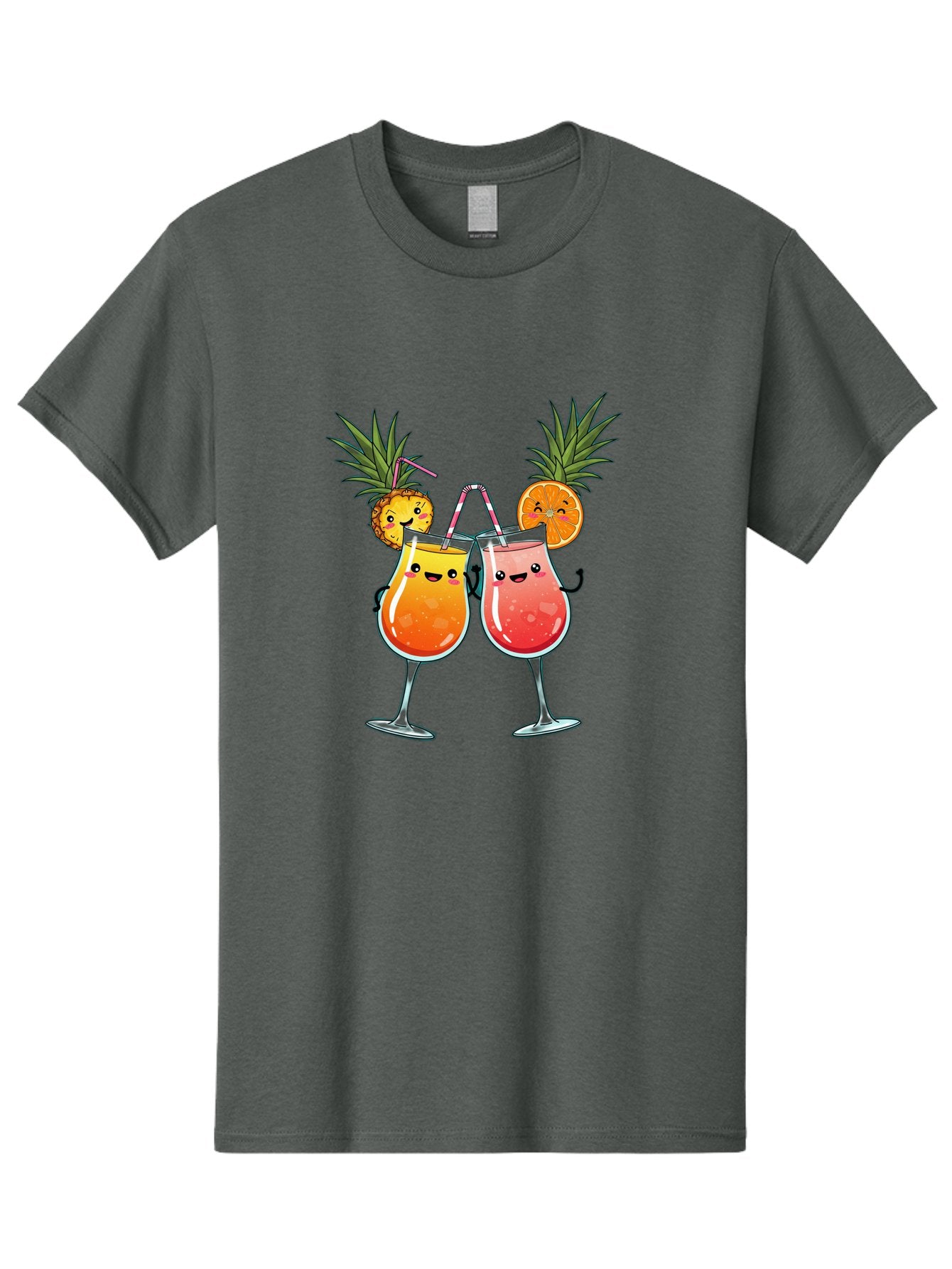 Cheers-Drinks Men'S Graphic Tee, 100% Cotton, Comfortable Casual Summer Wear, Machine Washable, Cartoon Cocktails, Fruity Drinks, Orange And Pink Colors, Pineapple Garnish, Smiling Glasses, Cheerful Toast, Fun Illustration, Tropical Vibe, Bac803 10