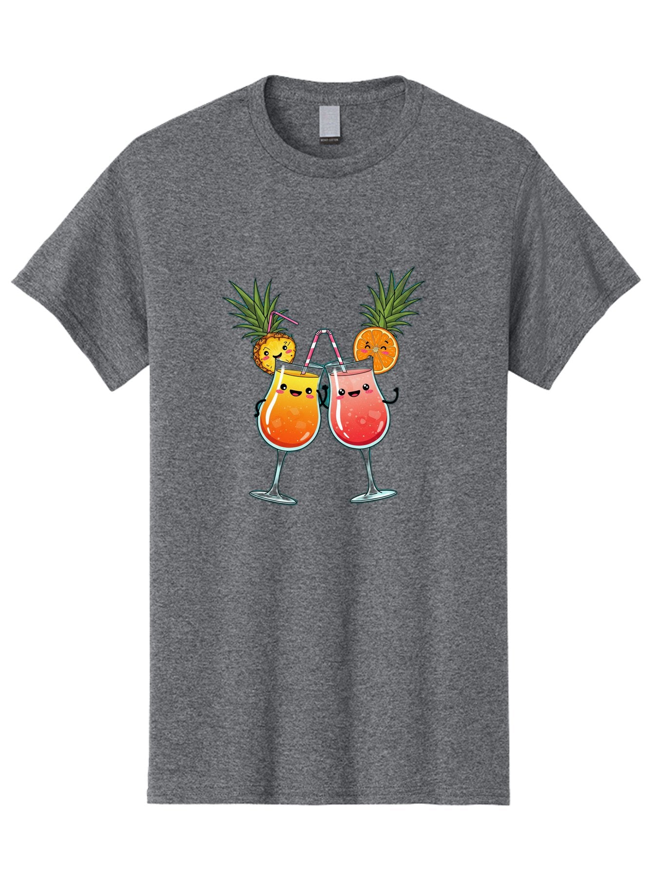 Cheers-Drinks Men'S Graphic Tee, 100% Cotton, Comfortable Casual Summer Wear, Machine Washable, Cartoon Cocktails, Fruity Drinks, Orange And Pink Colors, Pineapple Garnish, Smiling Glasses, Cheerful Toast, Fun Illustration, Tropical Vibe, Bac803 8