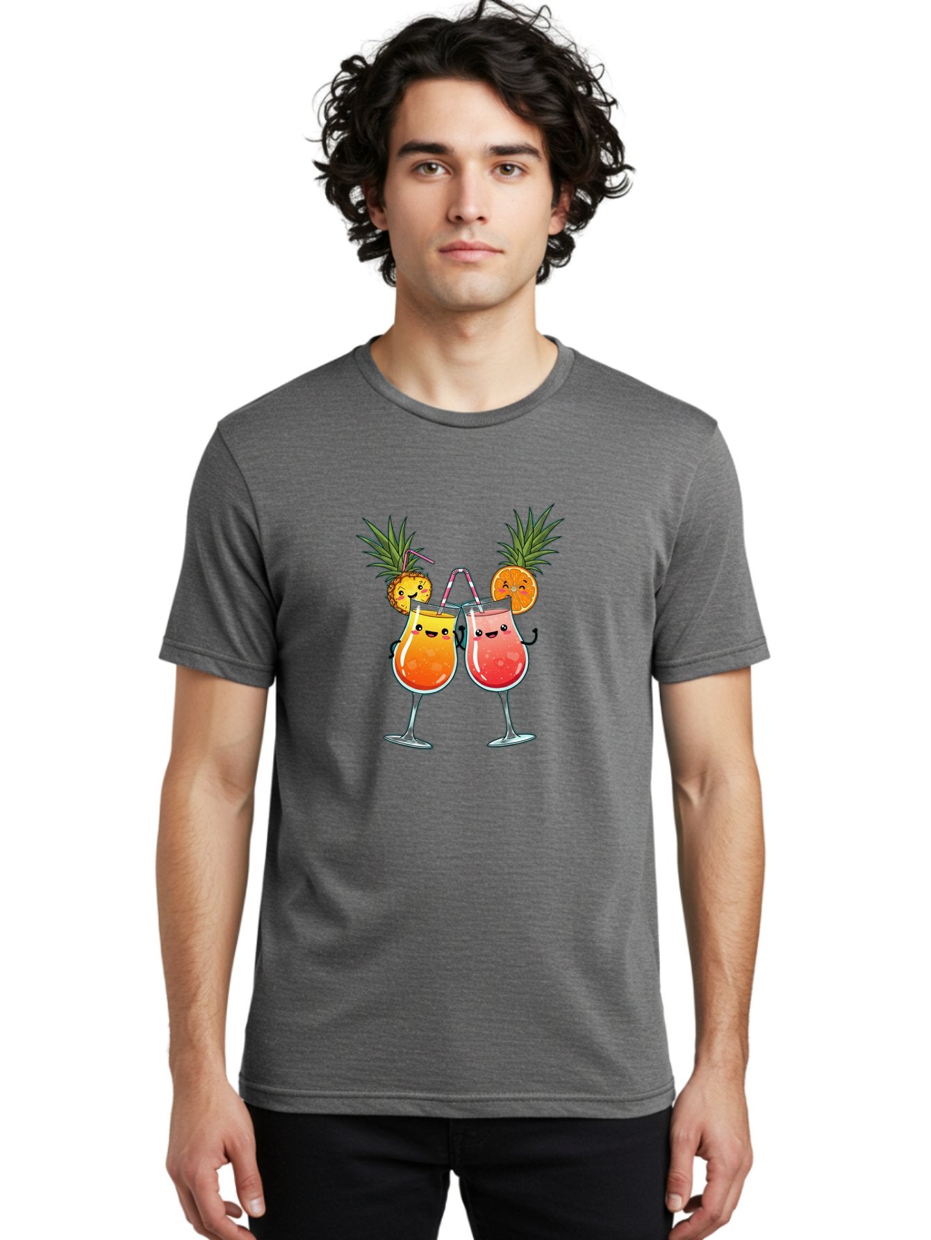 Cheers-Drinks Men'S Graphic Tee, 100% Cotton, Comfortable Casual Summer Wear, Machine Washable, Cartoon Cocktails, Fruity Drinks, Orange And Pink Colors, Pineapple Garnish, Smiling Glasses, Cheerful Toast, Fun Illustration, Tropical Vibe, Bac803 25