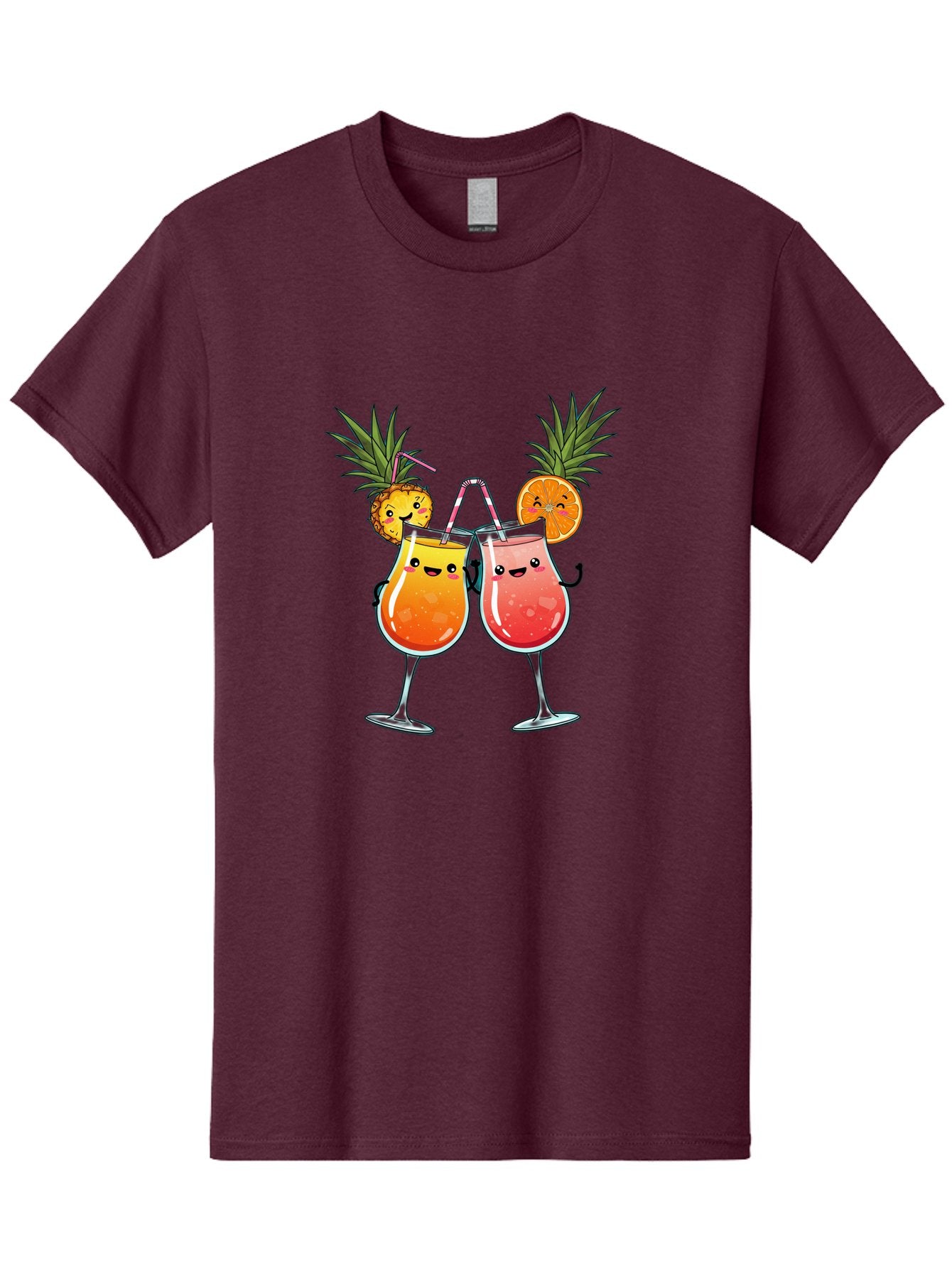 Cheers-Drinks Men'S Graphic Tee, 100% Cotton, Comfortable Casual Summer Wear, Machine Washable, Cartoon Cocktails, Fruity Drinks, Orange And Pink Colors, Pineapple Garnish, Smiling Glasses, Cheerful Toast, Fun Illustration, Tropical Vibe, Bac803