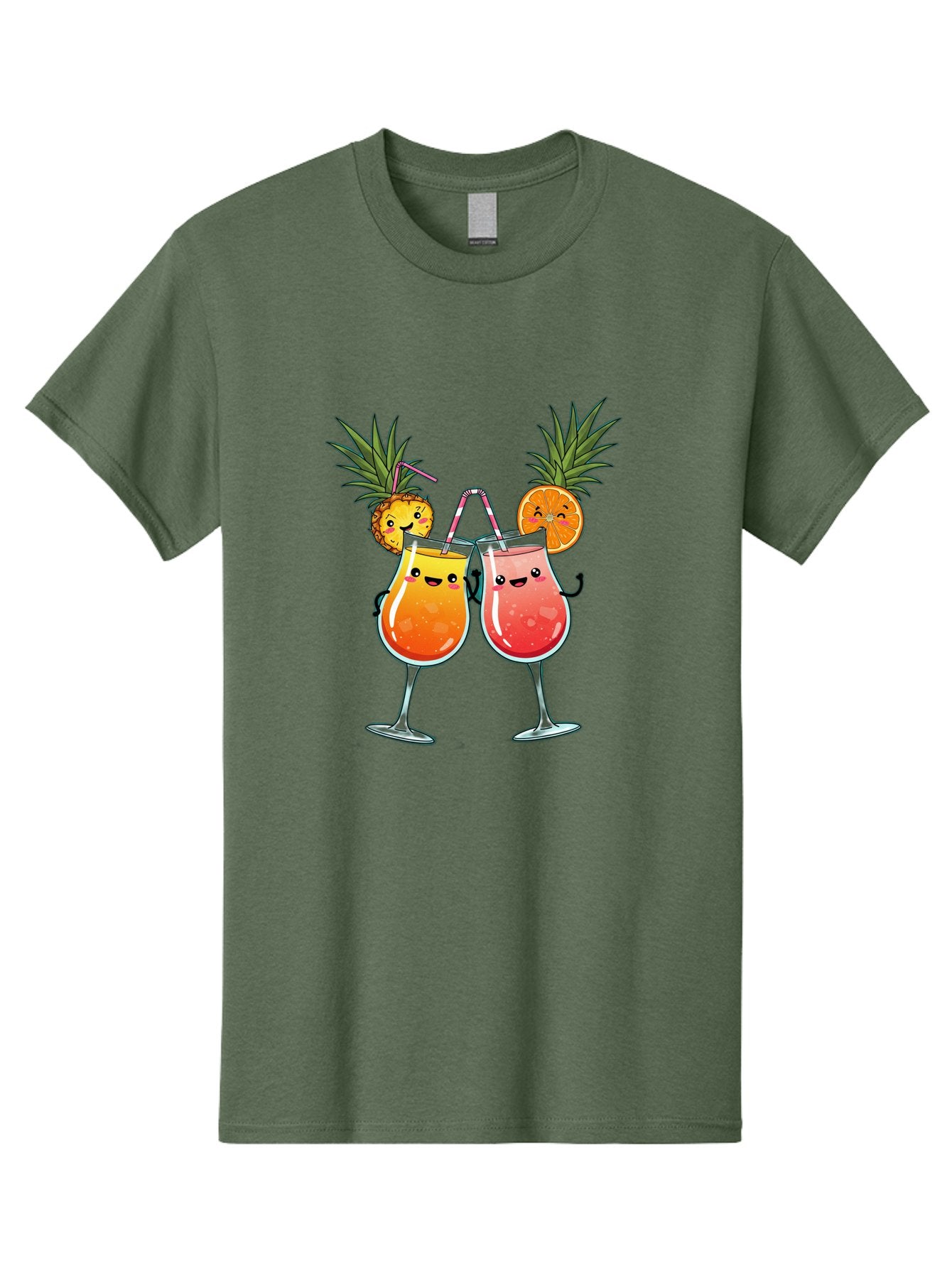 Cheers-Drinks Men'S Graphic Tee, 100% Cotton, Comfortable Casual Summer Wear, Machine Washable, Cartoon Cocktails, Fruity Drinks, Orange And Pink Colors, Pineapple Garnish, Smiling Glasses, Cheerful Toast, Fun Illustration, Tropical Vibe, Bac803 3