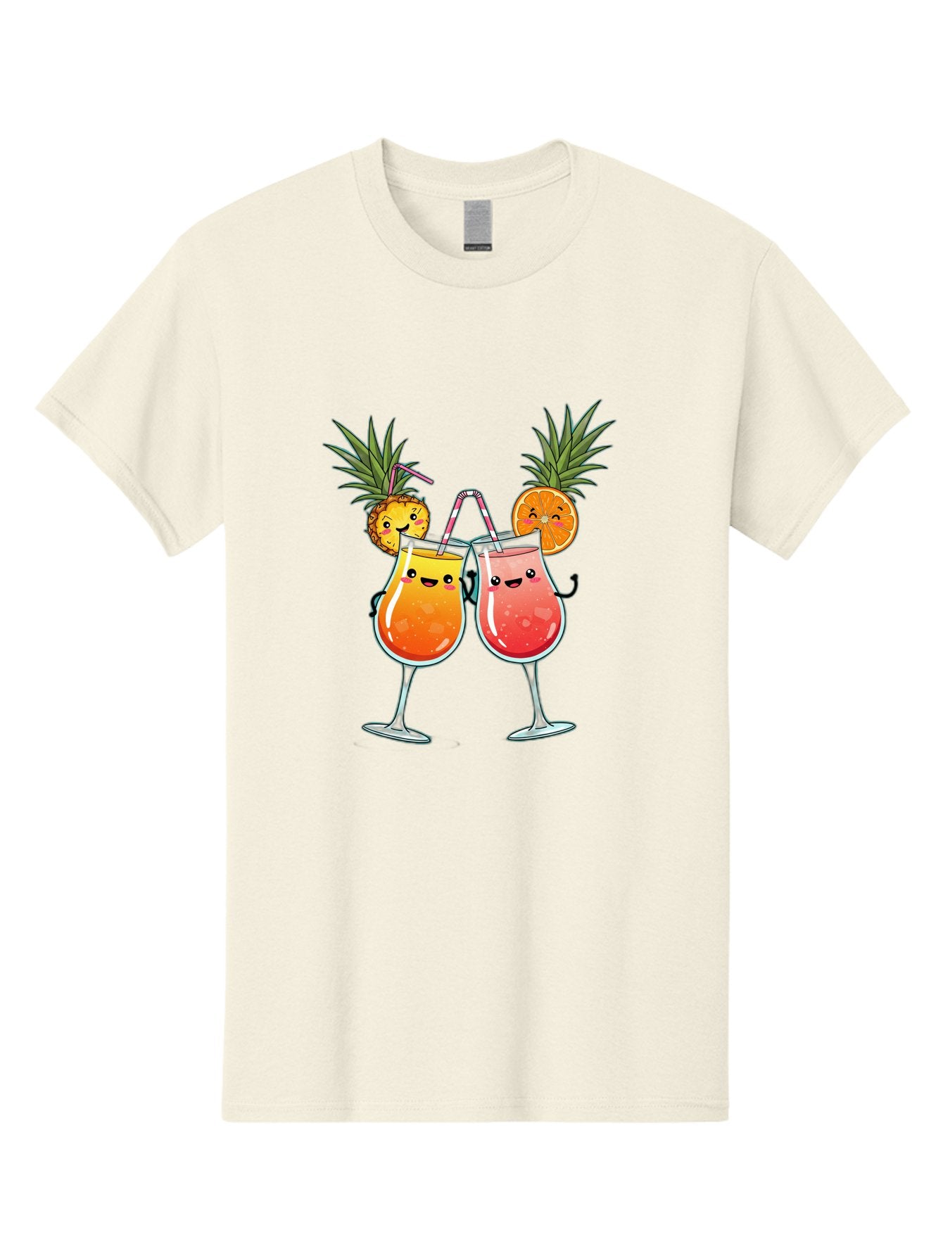 Cheers-Drinks Men'S Graphic Tee, 100% Cotton, Comfortable Casual Summer Wear, Machine Washable, Cartoon Cocktails, Fruity Drinks, Orange And Pink Colors, Pineapple Garnish, Smiling Glasses, Cheerful Toast, Fun Illustration, Tropical Vibe, Bac803 5