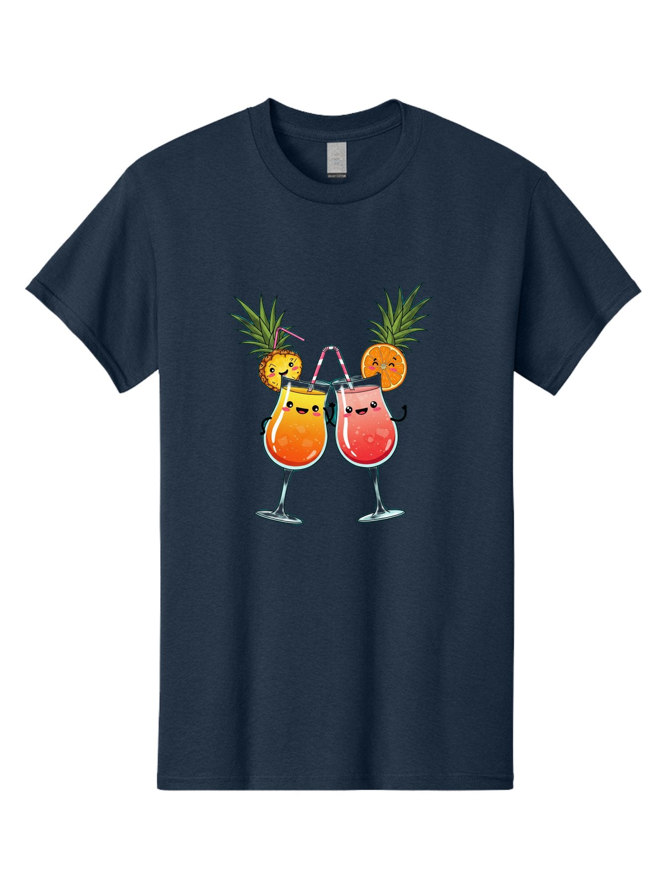 Cheers-Drinks Men'S Graphic Tee, 100% Cotton, Comfortable Casual Summer Wear, Machine Washable, Cartoon Cocktails, Fruity Drinks, Orange And Pink Colors, Pineapple Garnish, Smiling Glasses, Cheerful Toast, Fun Illustration, Tropical Vibe, Bac803 6