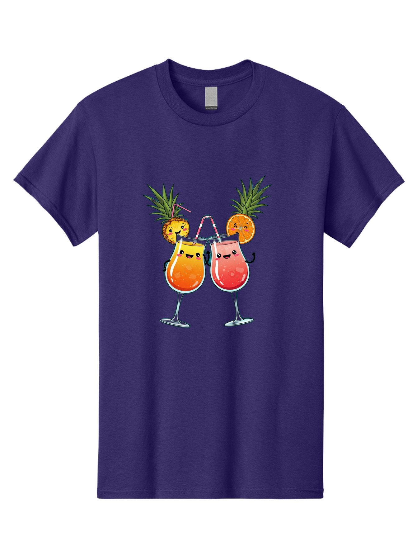 Cheers-Drinks Men'S Graphic Tee, 100% Cotton, Comfortable Casual Summer Wear, Machine Washable, Cartoon Cocktails, Fruity Drinks, Orange And Pink Colors, Pineapple Garnish, Smiling Glasses, Cheerful Toast, Fun Illustration, Tropical Vibe, Bac803 13