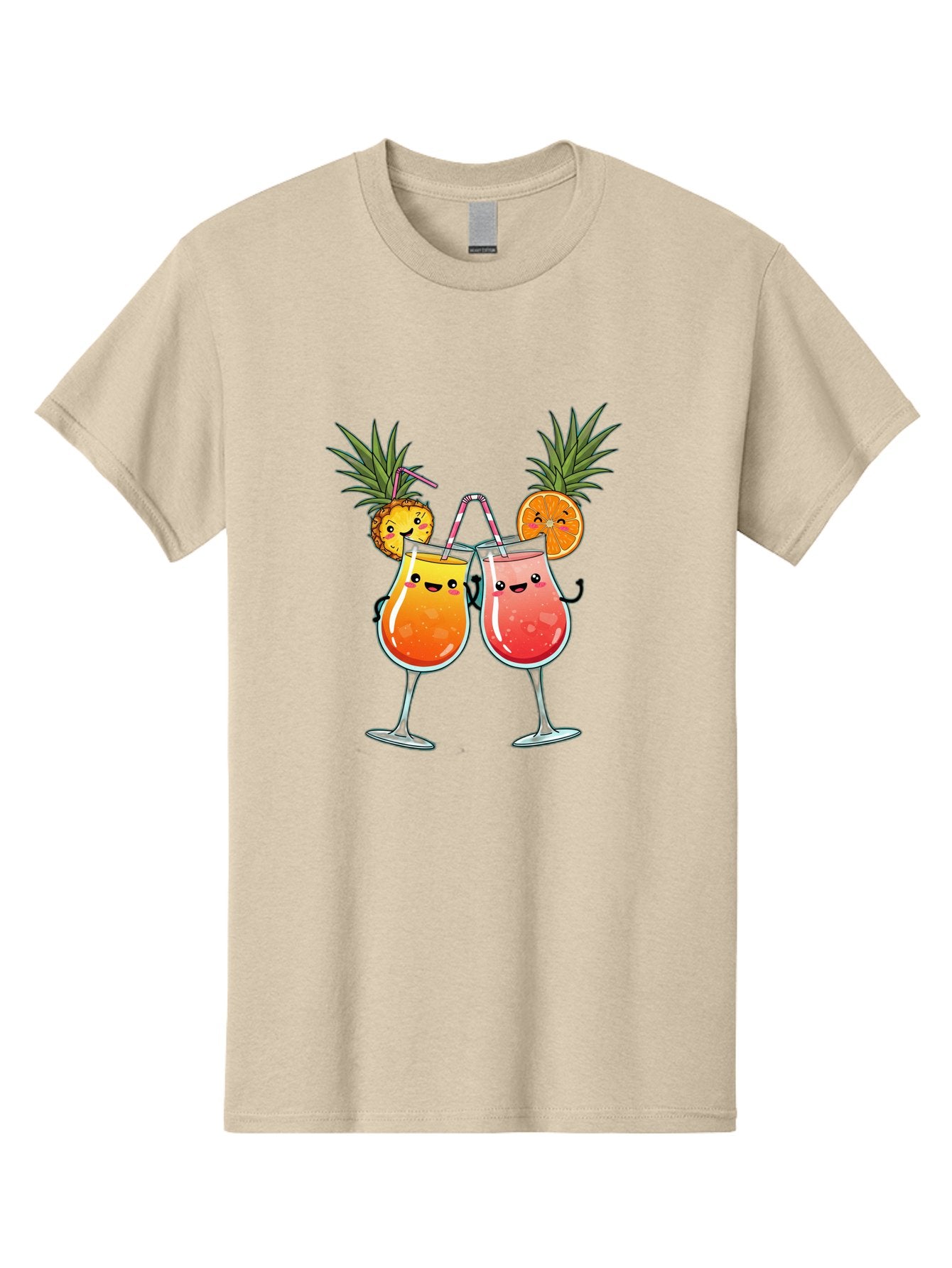 Cheers-Drinks Men'S Graphic Tee, 100% Cotton, Comfortable Casual Summer Wear, Machine Washable, Cartoon Cocktails, Fruity Drinks, Orange And Pink Colors, Pineapple Garnish, Smiling Glasses, Cheerful Toast, Fun Illustration, Tropical Vibe, Bac803 15