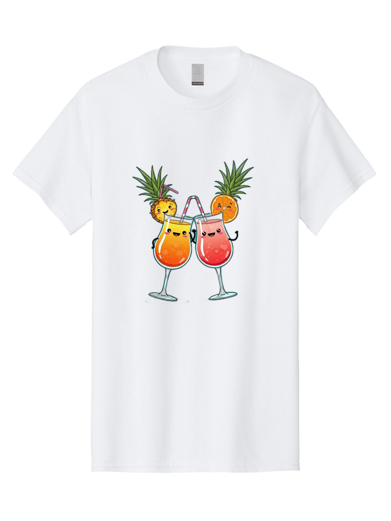 Cheers-Drinks Men'S Graphic Tee, 100% Cotton, Comfortable Casual Summer Wear, Machine Washable, Cartoon Cocktails, Fruity Drinks, Orange And Pink Colors, Pineapple Garnish, Smiling Glasses, Cheerful Toast, Fun Illustration, Tropical Vibe, Bac803 12