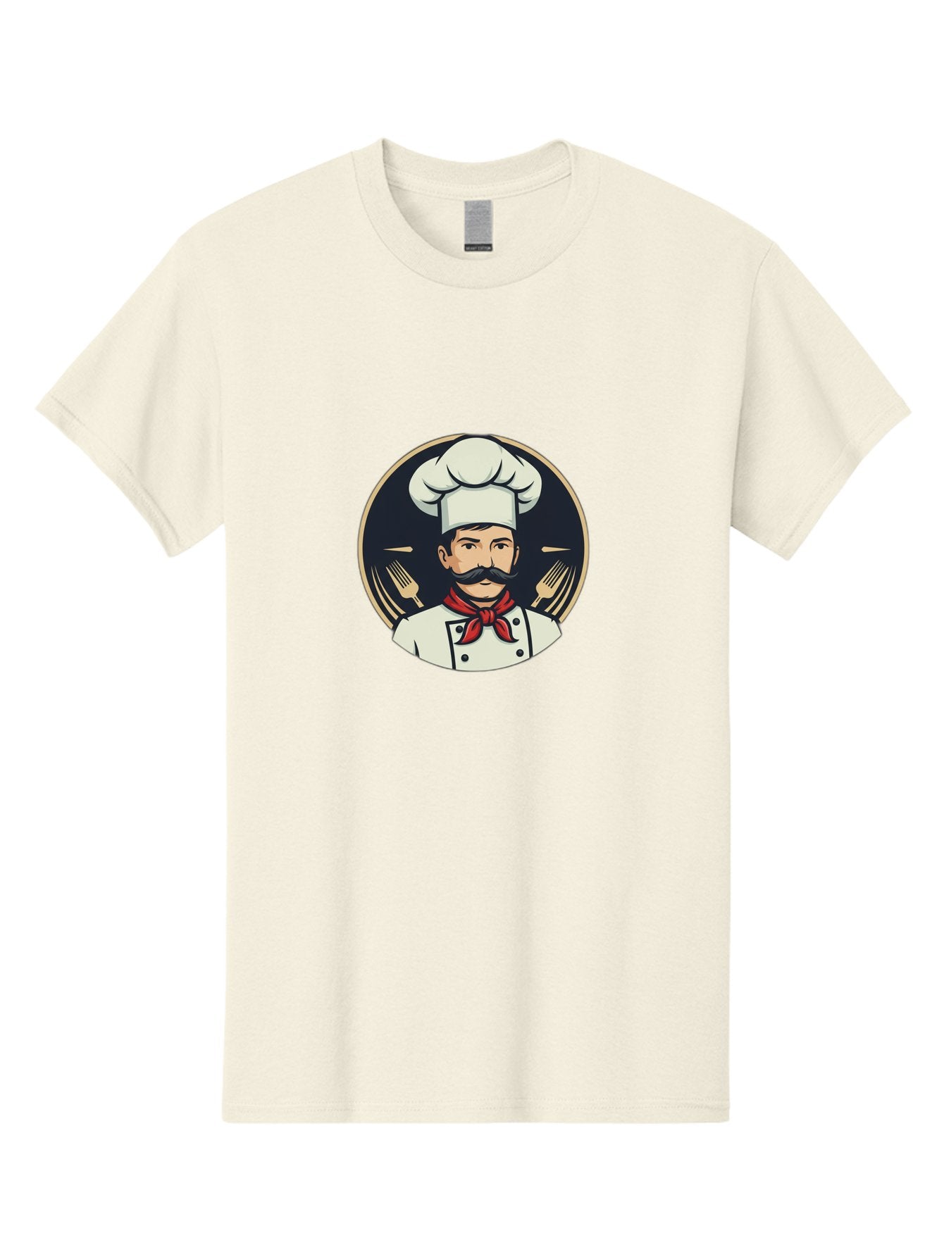 Chef-5 Men'S Graphic Tee, 100% Cotton, Comfortable Casual Summer Wear, Machine Washable, Cartoon Chef, Cooking Expert, Culinary Master, Red Neckerchief, White Hat, Black Mustache, Restaurant Icon, Chef'S Coat, Fine Dining, Utensils, Fork, Bac808