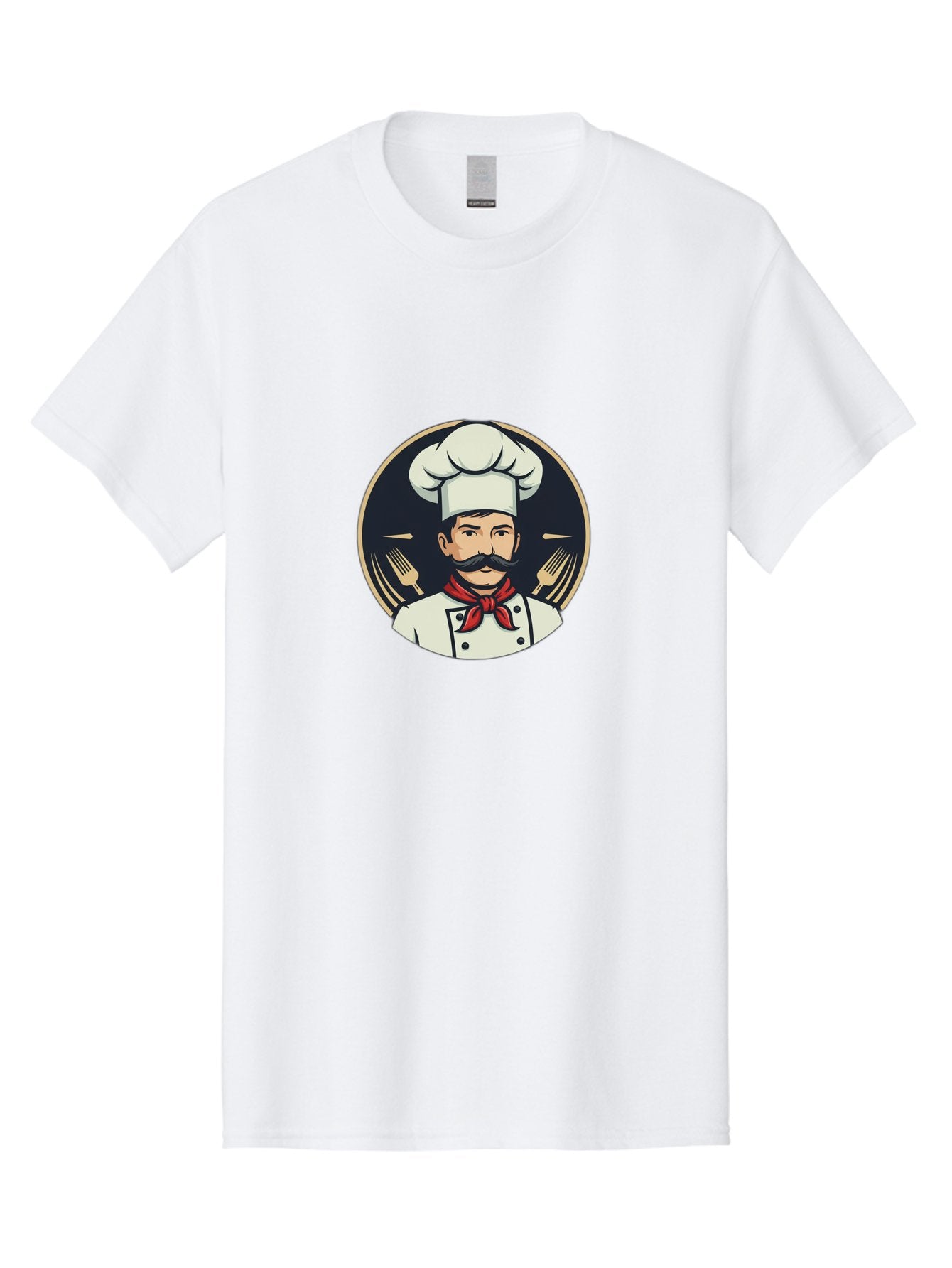 Chef-5 Men'S Graphic Tee, 100% Cotton, Comfortable Casual Summer Wear, Machine Washable, Cartoon Chef, Cooking Expert, Culinary Master, Red Neckerchief, White Hat, Black Mustache, Restaurant Icon, Chef'S Coat, Fine Dining, Utensils, Fork, Bac808