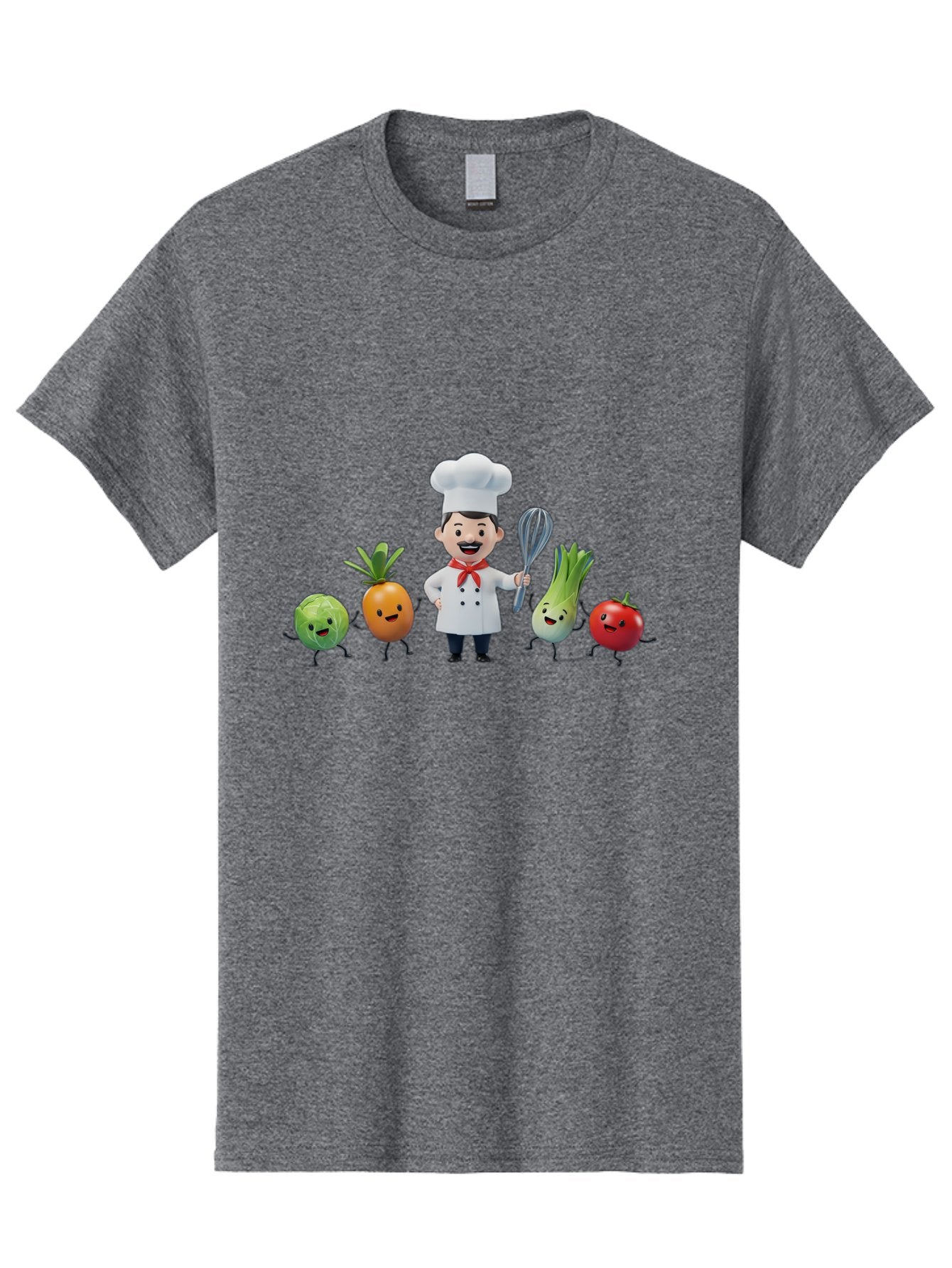 Chef-And-Vegetables Men'S Graphic Tee, 100% Cotton, Comfortable Casual Summer Wear, Machine Washable, Cartoon Chef, Happy Vegetables, Cooking Together, Healthy Food, Kitchen Fun, Animated Characters, Cheerful Scene, Food Preparation, Bac809