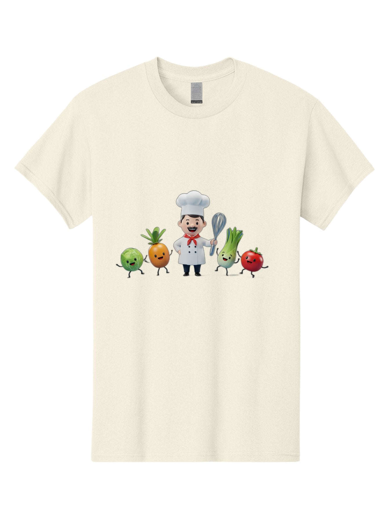 Chef-And-Vegetables Men'S Graphic Tee, 100% Cotton, Comfortable Casual Summer Wear, Machine Washable, Cartoon Chef, Happy Vegetables, Cooking Together, Healthy Food, Kitchen Fun, Animated Characters, Cheerful Scene, Food Preparation, Bac809