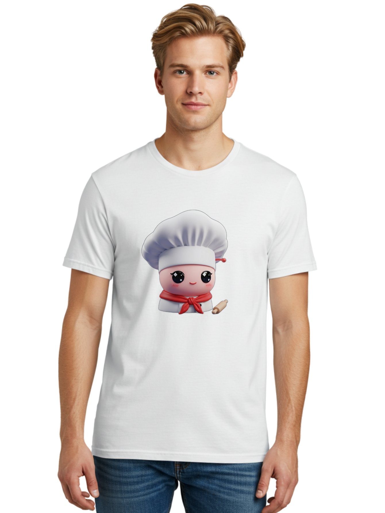 Chef-Character-4 Men'S Graphic Tee, 100% Cotton, Comfortable Casual Summer Wear, Machine Washable, Cartoon Chef Character, Cute Chef Illustration, Chef Hat, Red Scarf, White Uniform, Cooking Utensils, Kitchen Theme, Adorable Chef, Pastry Chef, Bac813 20