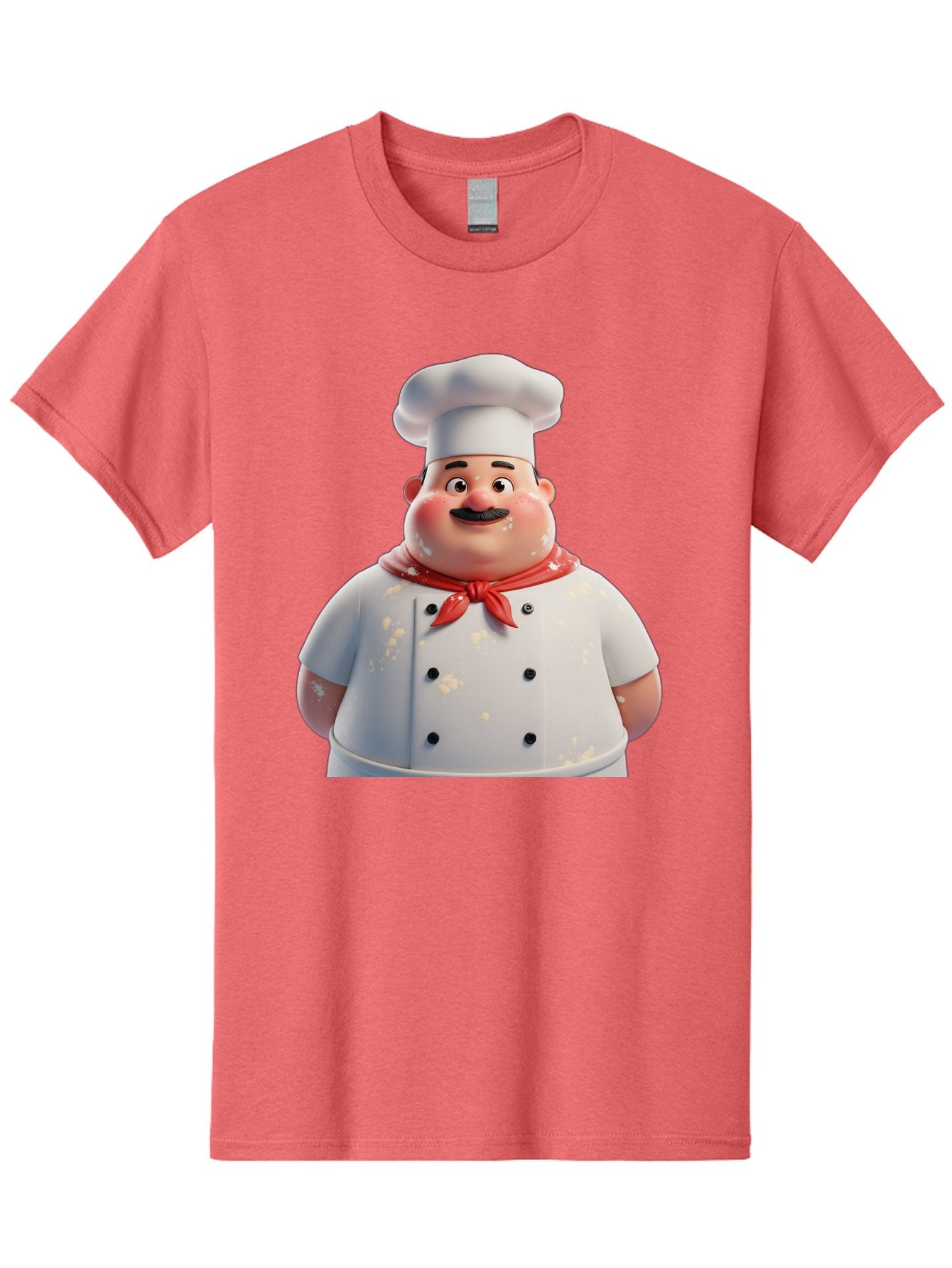 Chef-Character Men'S Graphic Tee, 100% Cotton, Comfortable Casual Summer Wear, Machine Washable, Cartoon Chef, White Chef Hat, Red Neckerchief, Mustache, Chef Coat, Cooking, Culinary Arts, Kitchen Staff, Food Preparation, 3D Character, Bac814