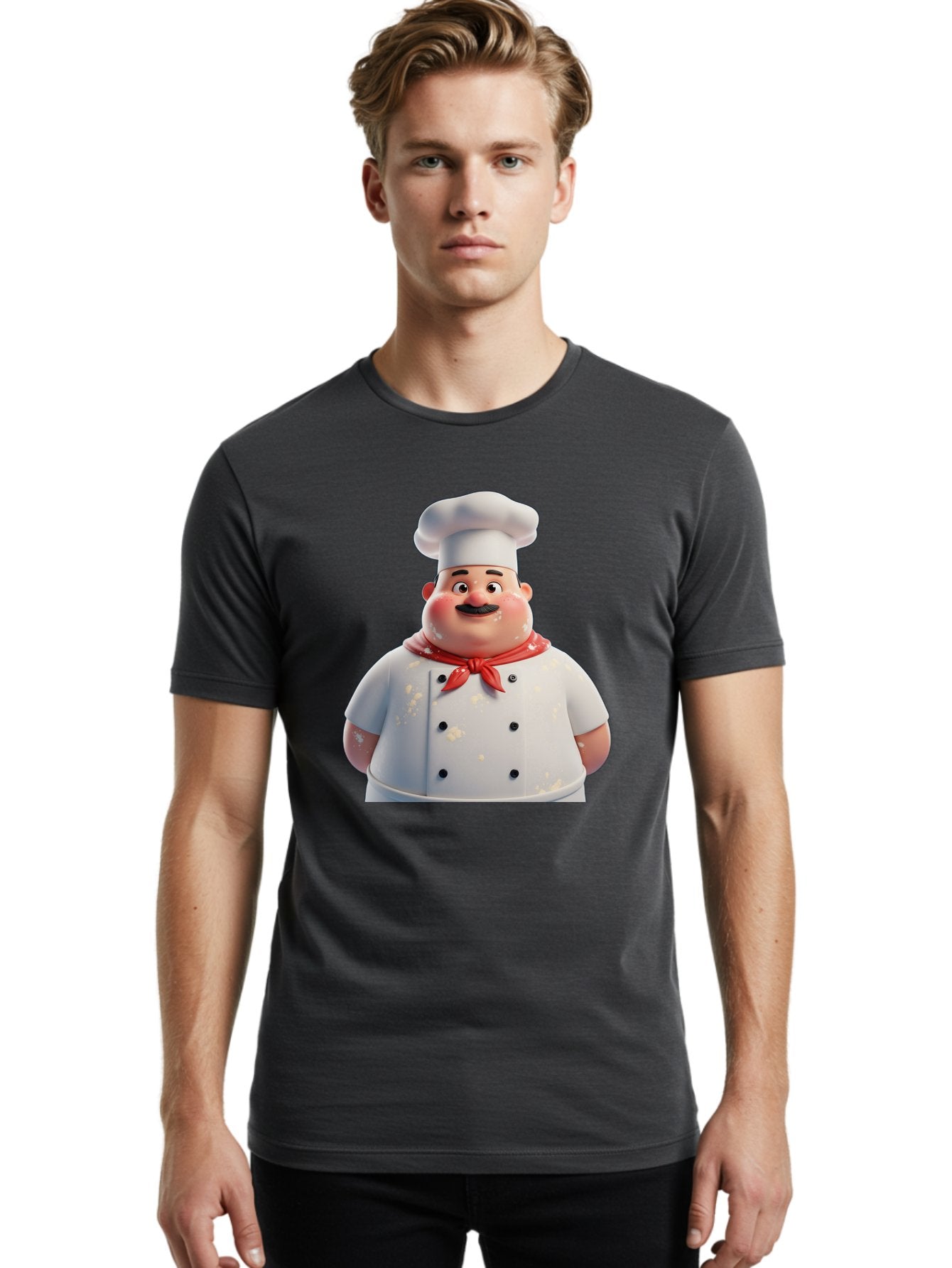 Chef-Character Men'S Graphic Tee, 100% Cotton, Comfortable Casual Summer Wear, Machine Washable, Cartoon Chef, White Chef Hat, Red Neckerchief, Mustache, Chef Coat, Cooking, Culinary Arts, Kitchen Staff, Food Preparation, 3D Character, Bac814 17